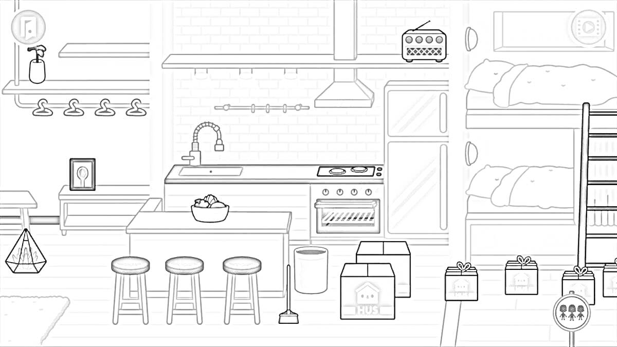 Раскраска Кухня Тока Бока с четырьмя стульями, раковиной, плитой, вытяжкой, тостером, столом с миской фруктов, пятью бумажными пакетами, пятью подарочными пакетами, бокалами, ножами и двухъярусной кроватью на заднем плане