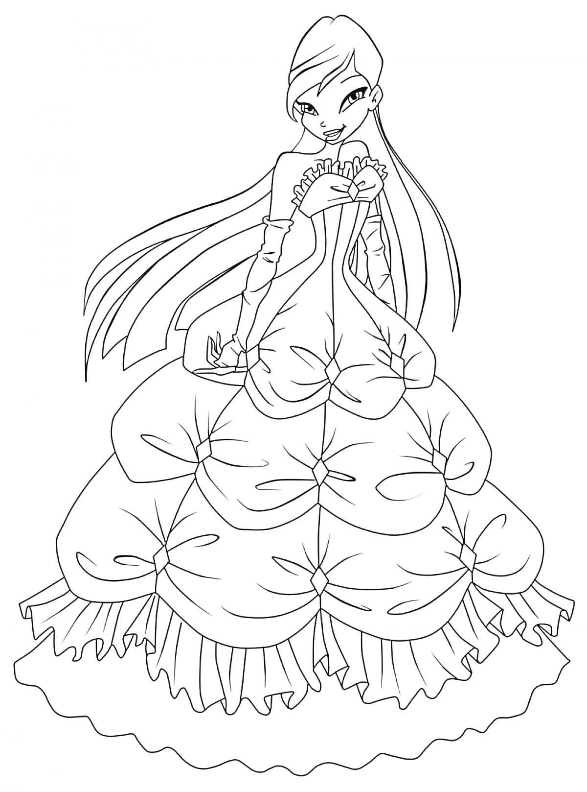Раскраска Винкс принцесса в пышном платье с длинными волосами