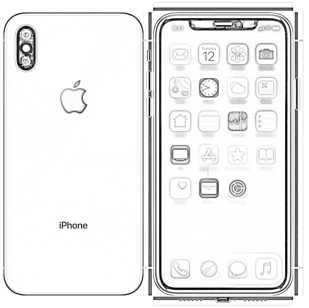 РаскраскаiPhone X (вид со спины и вид спереди, иконки приложений, экран блокировки, логотип Apple)