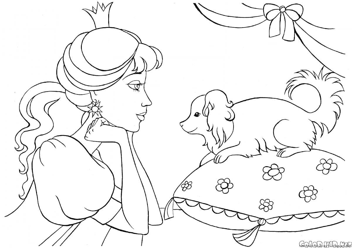 На раскраске изображено: Принцесса, Подушка, Цветы, Балдахин, Бант