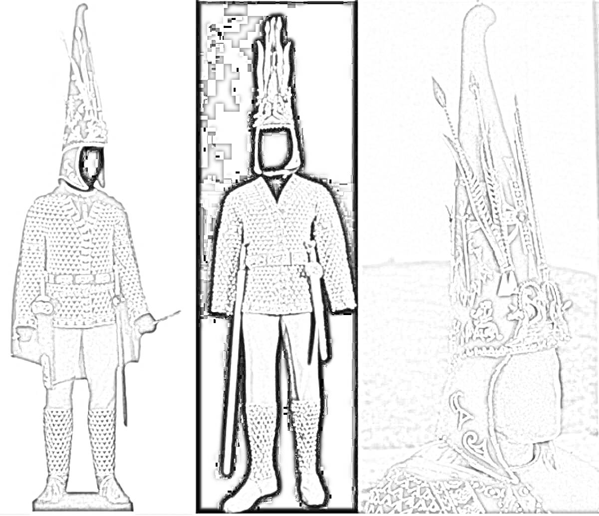 Раскраска золотой человек казахстана — изображение трех различных видов костюма воина-сакского царя. Центральный костюм включает в себя остроконечный шлем, многочисленные золотые украшения на одежде, меч и нож на поясе. Крайнее левое и правое изображения также вклю