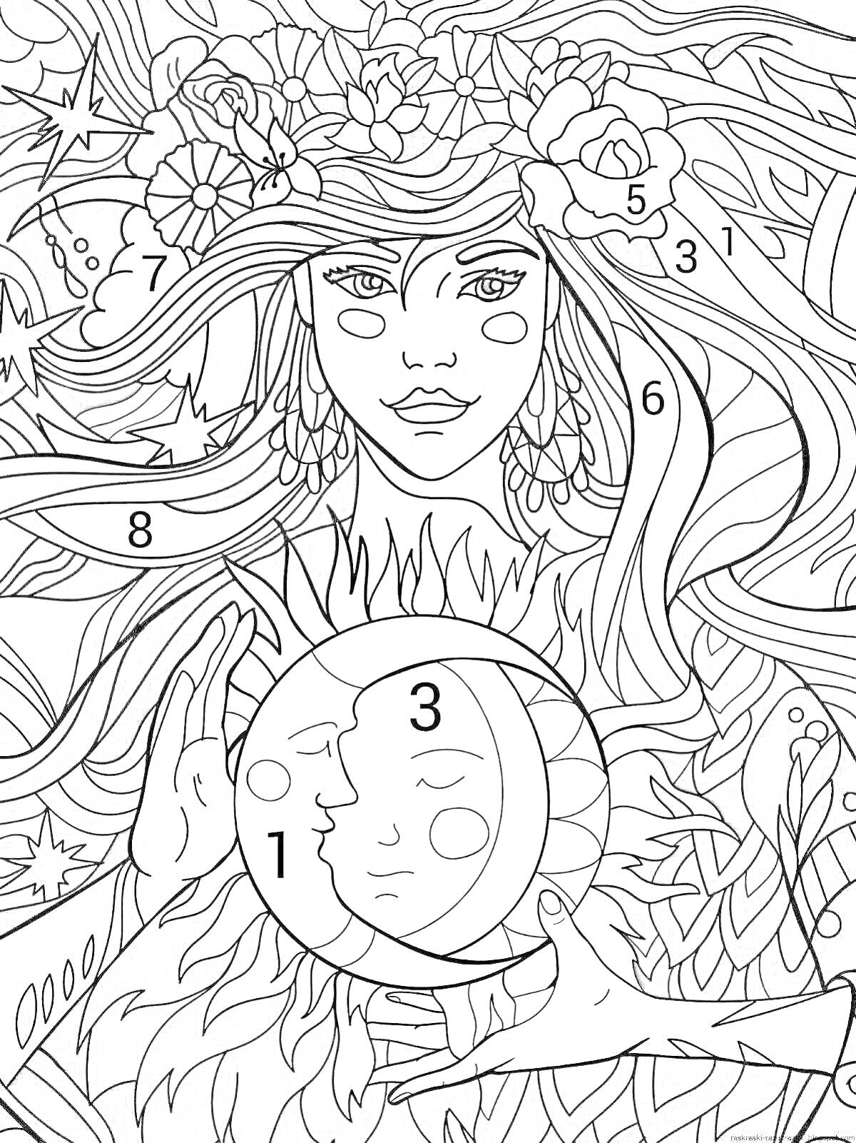 Раскраска Женщина с цветами в волосах, лицо луны и солнца, руки, листья