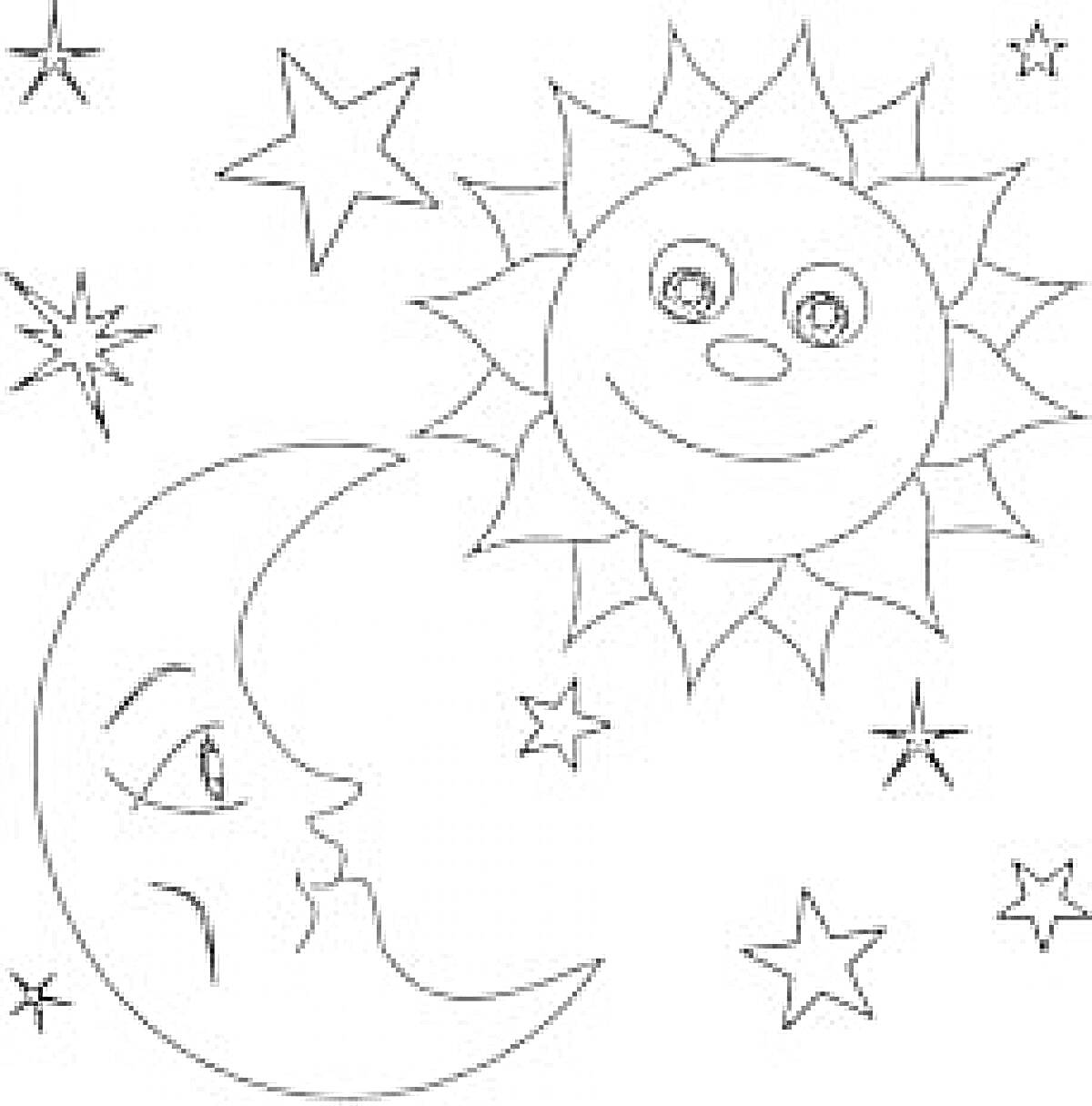 На раскраске изображено: Солнце, Луна, Звезды, Ночь, День, Астрономия, Космос
