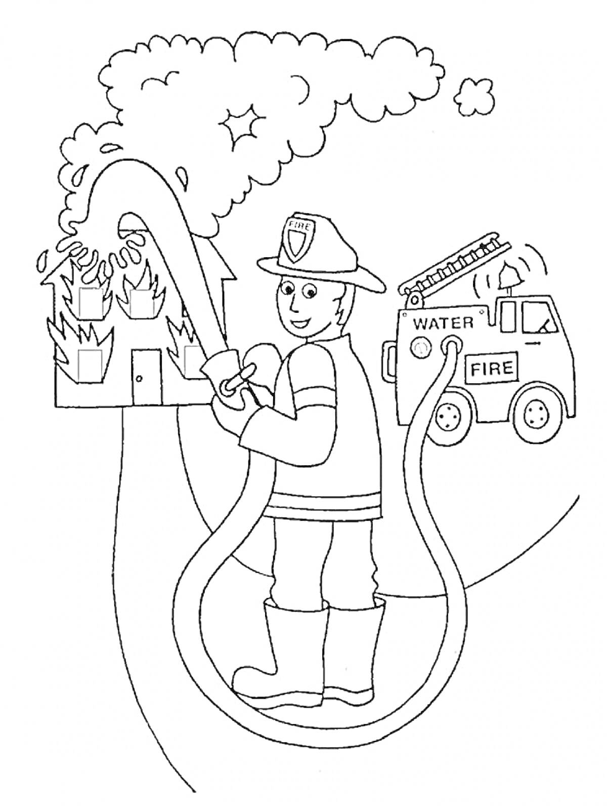 Раскраска Пожарный тушит горящий дом, пожарная машина