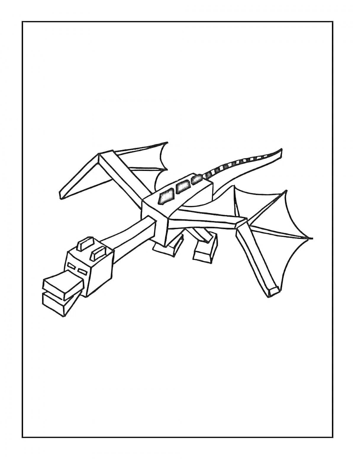 На раскраске изображено: Майнкрафт, Эндер дракон, Дракон, Игра, Пиксельный стиль, Крылья, Летающее существо, Кубический стиль