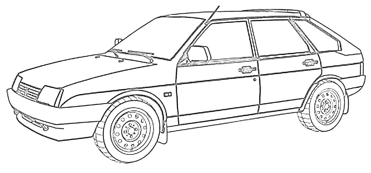 Раскраска Автомобиль ВАЗ-2109, вид сбоку, двери, окна, колеса, боковые зеркала