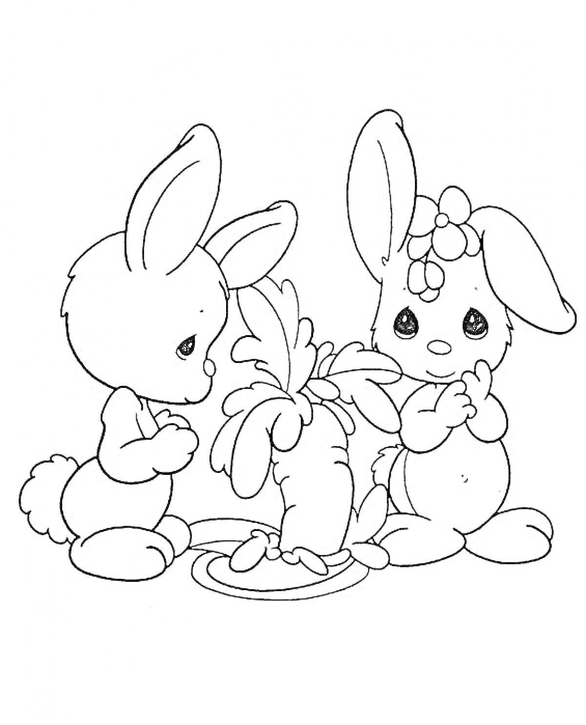 Раскраска Два кролика с морковкой