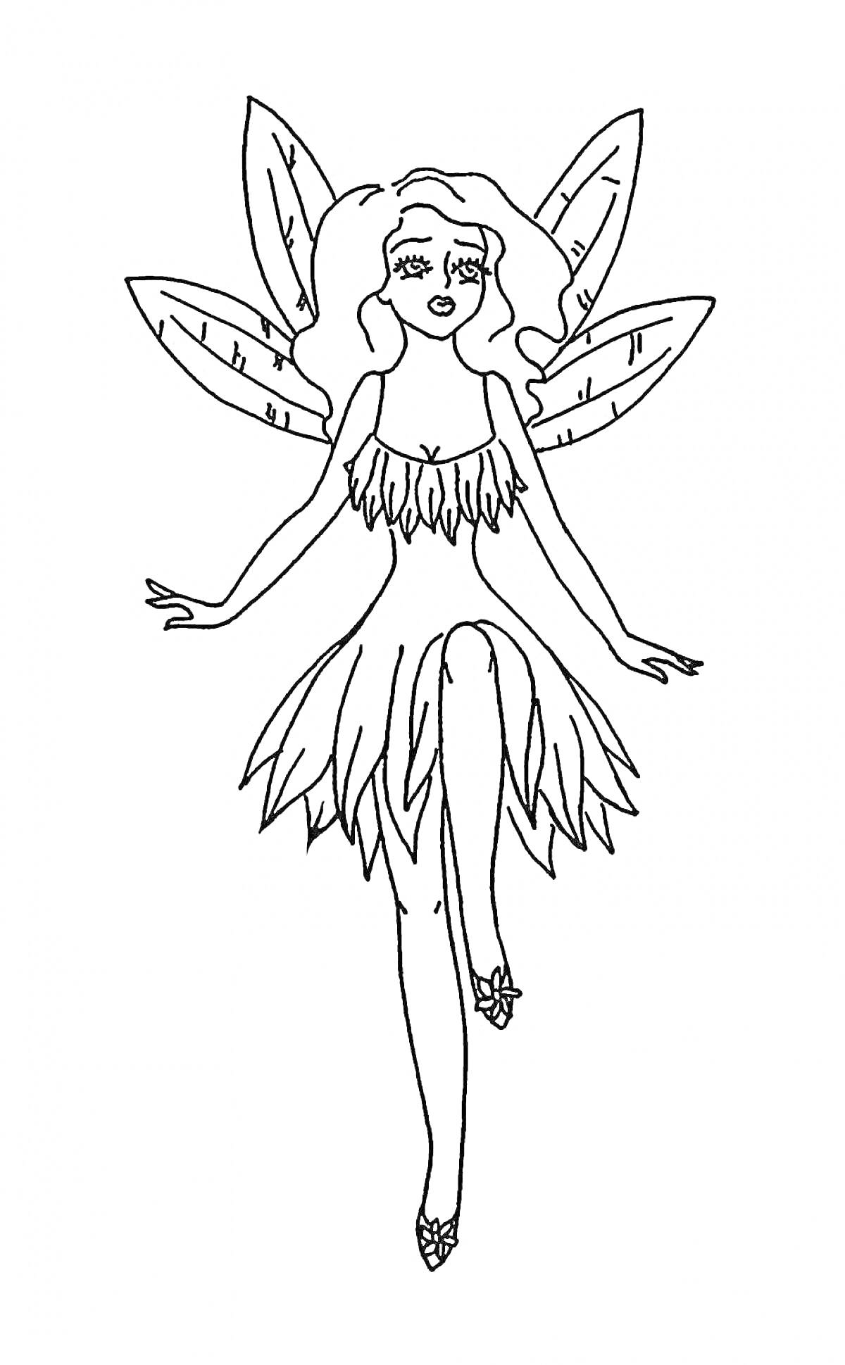 Раскраска Фея с длинными волосами в платье из лепестков с крыльями из листьев