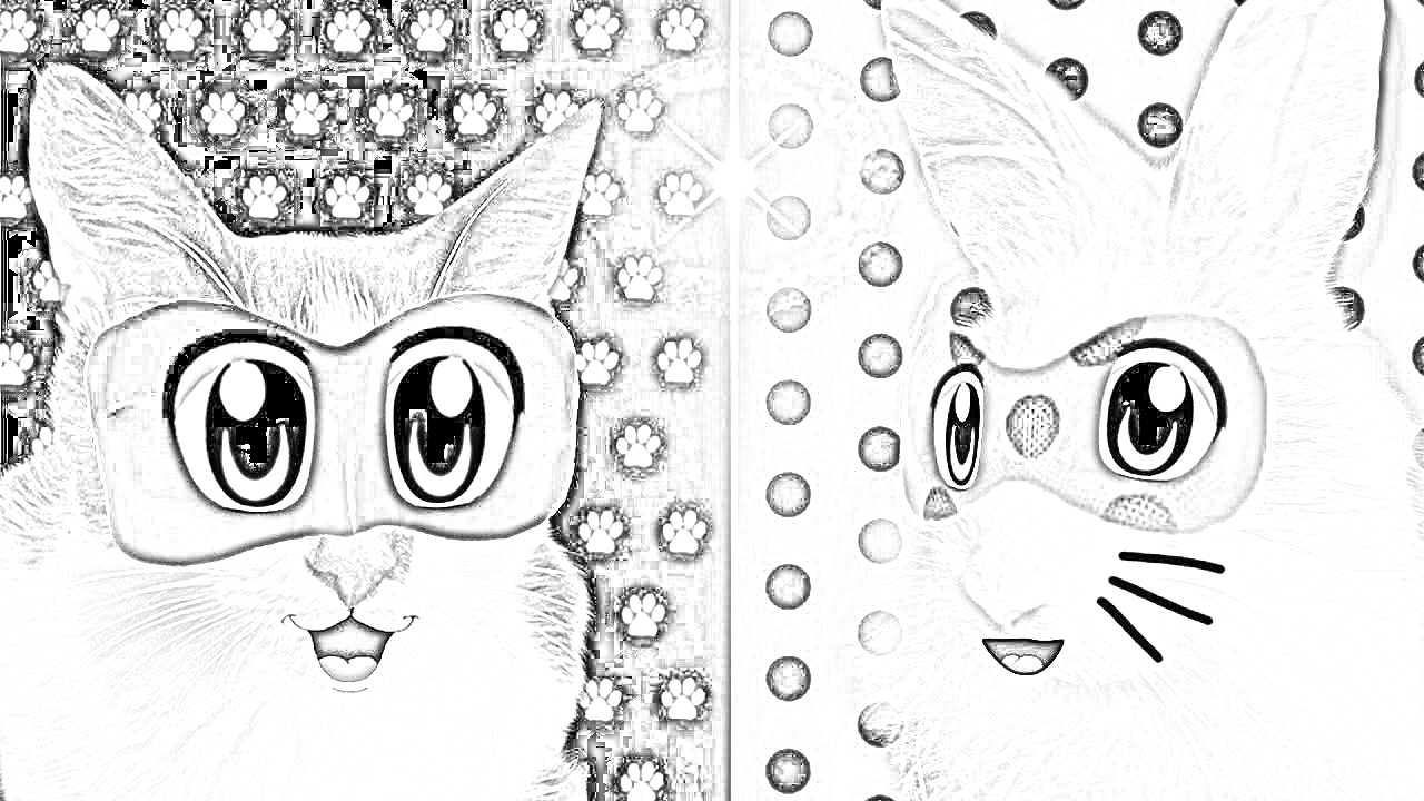 Раскраска Кот и кролик в масках на фоне узоров (лапки и точки)