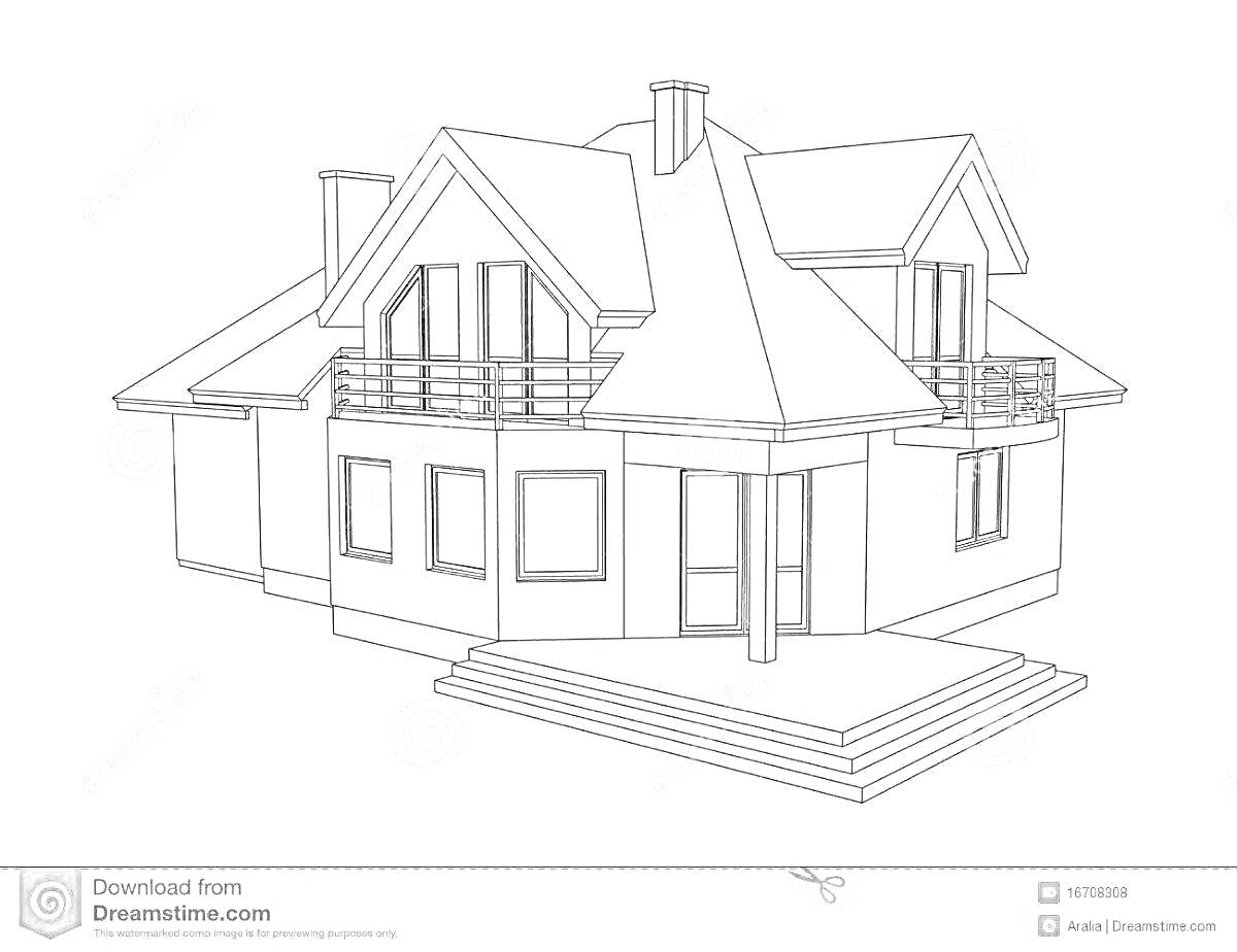 Раскраска Коттедж с балконами, лестницей и несколькими окнами