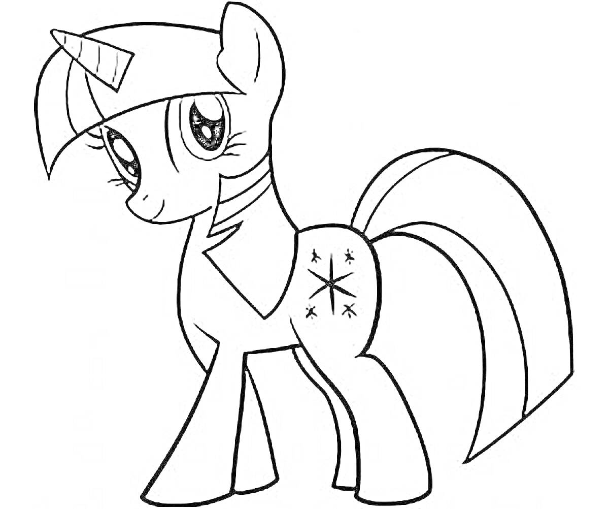 Раскраска единорог с большими глазами и звездочками на бедре