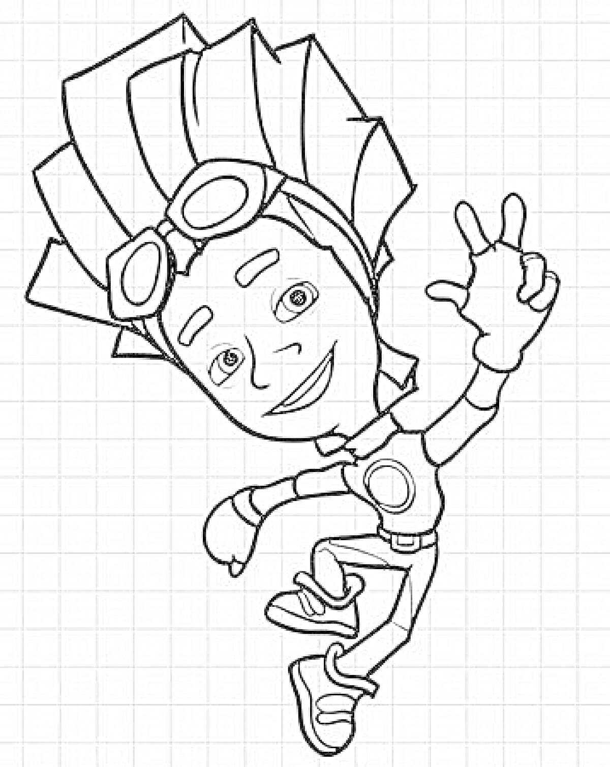 Раскраска Техник фиксиков Файер в прыжке, с поднятой рукой, в очках и с прической в виде языков пламени