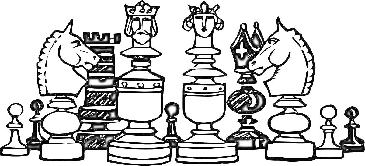 На раскраске изображено: Шахматы, Король, Ферзь, Ладья, Слон, Конь, Пешка, Для детей
