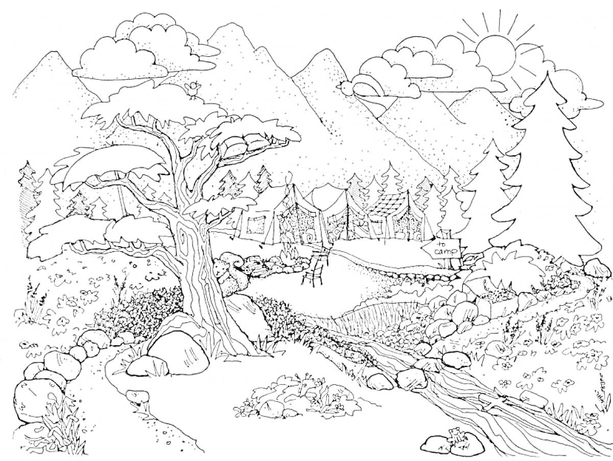 Раскраска Горный пейзаж с рекой, деревьями, облаками, палатками и солнцем
