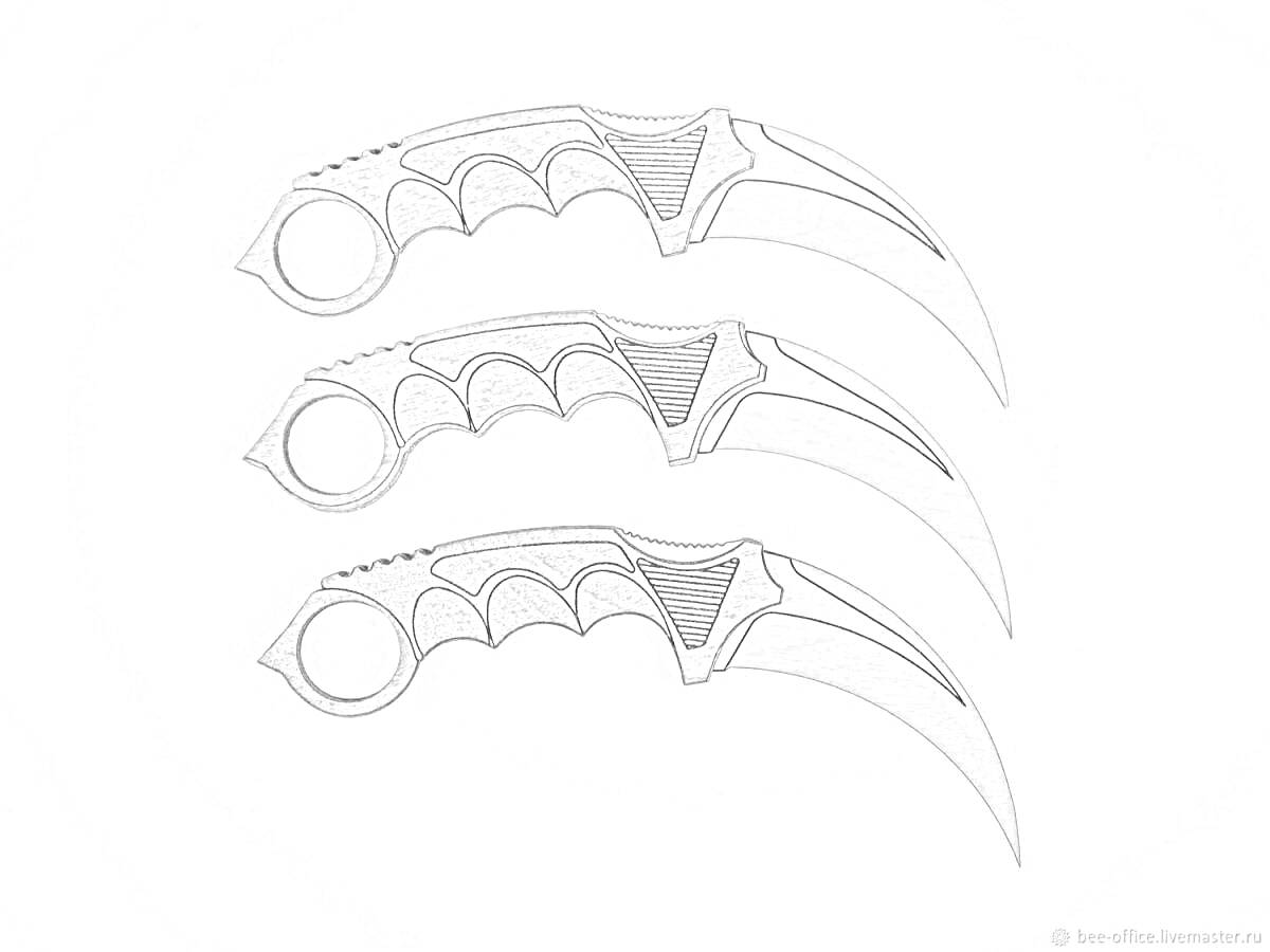 Раскраска Три керамбитных ножа с узорчатыми рукоятями