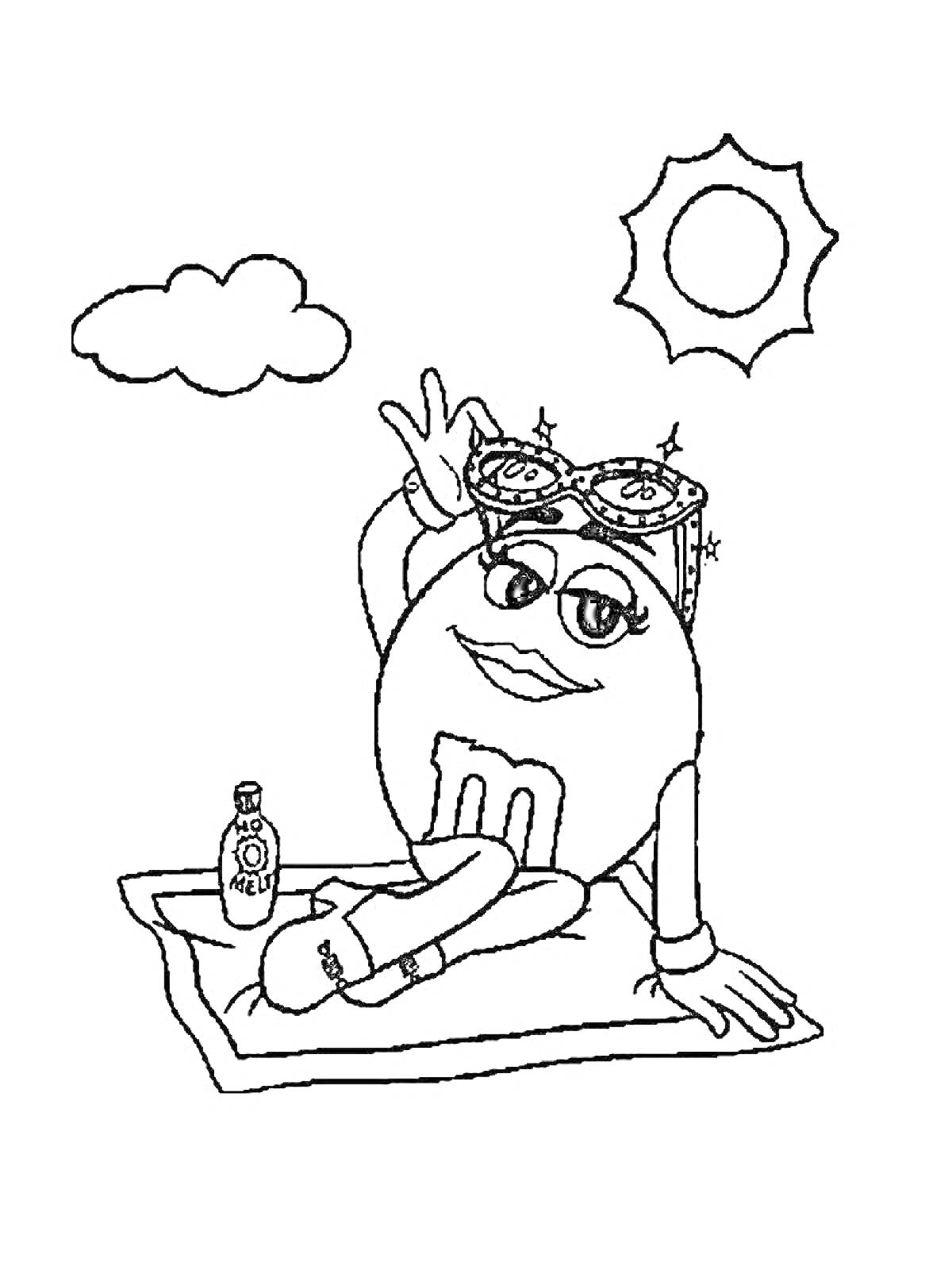 На раскраске изображено: Эмемдемс, Пляж, Солнце, Бутылка, Отдых, Облака, Ковер