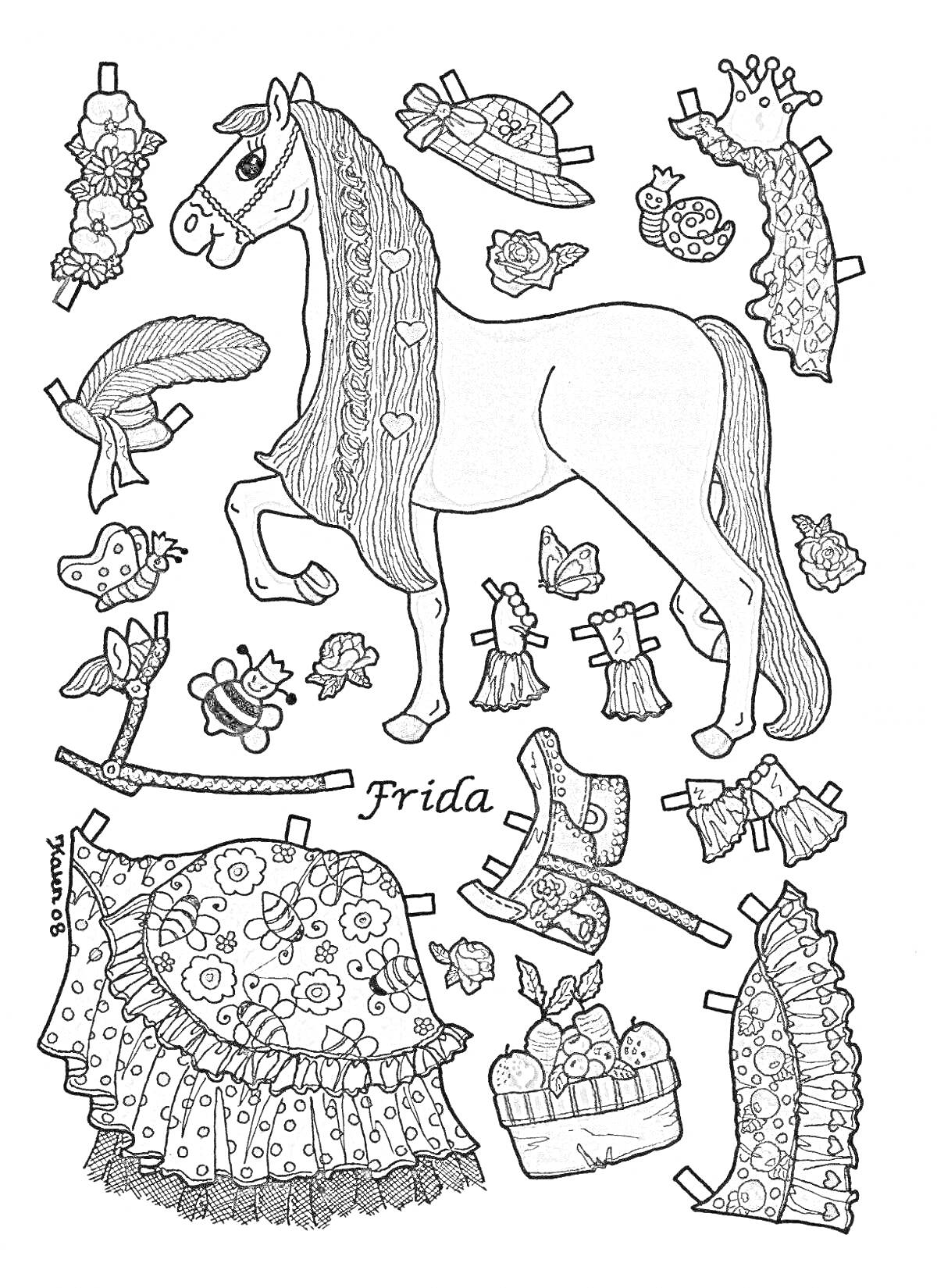 На раскраске изображено: Лошадь, Одежда, Шляпа, Корона, Платок, Обувь, Сбруя, Цветы, Корзина, Перья, Браслет, Юбки