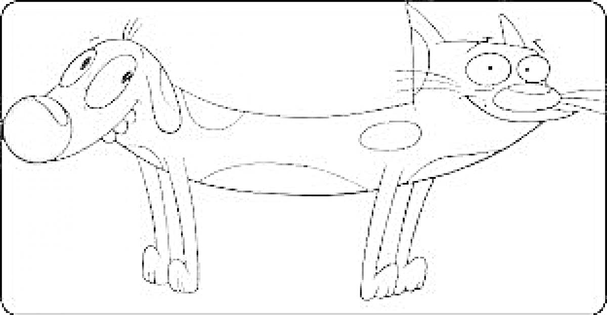 Раскраска Котопес с головой кота и головой собаки, соединенными общим туловищем