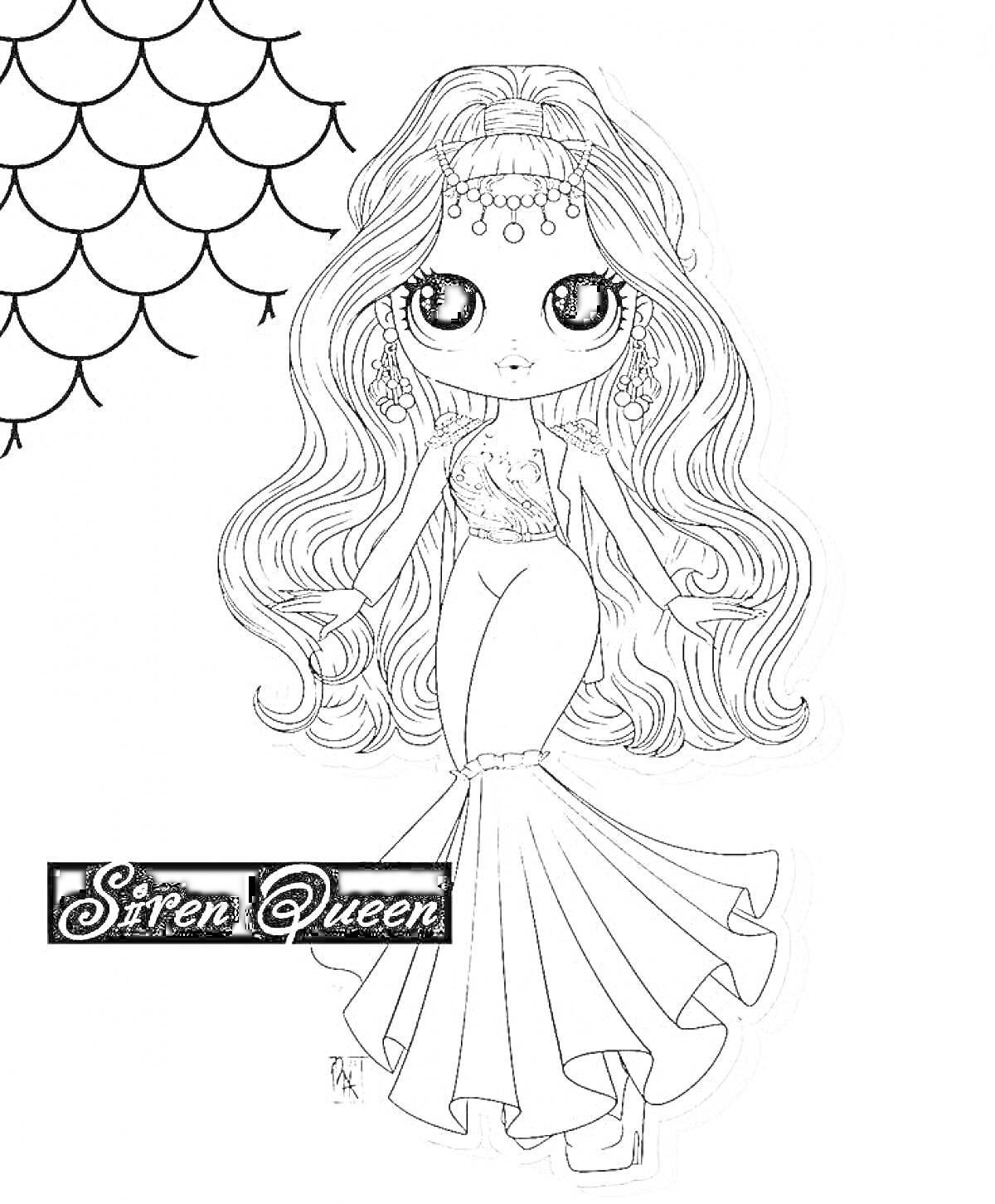 Раскраска Девушка с длинными волосами в платье «русалка», украшенная драгоценностями, текст «Siren Queen», чешуя рыбы слева