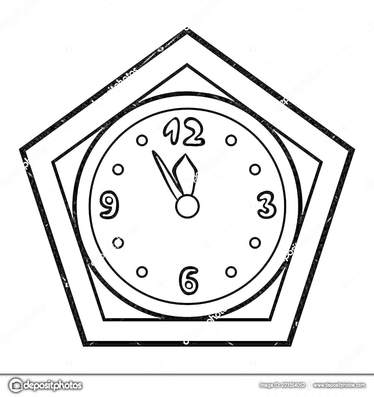 На раскраске изображено: Часы, Настенные часы, Пятиугольник, Циферблат