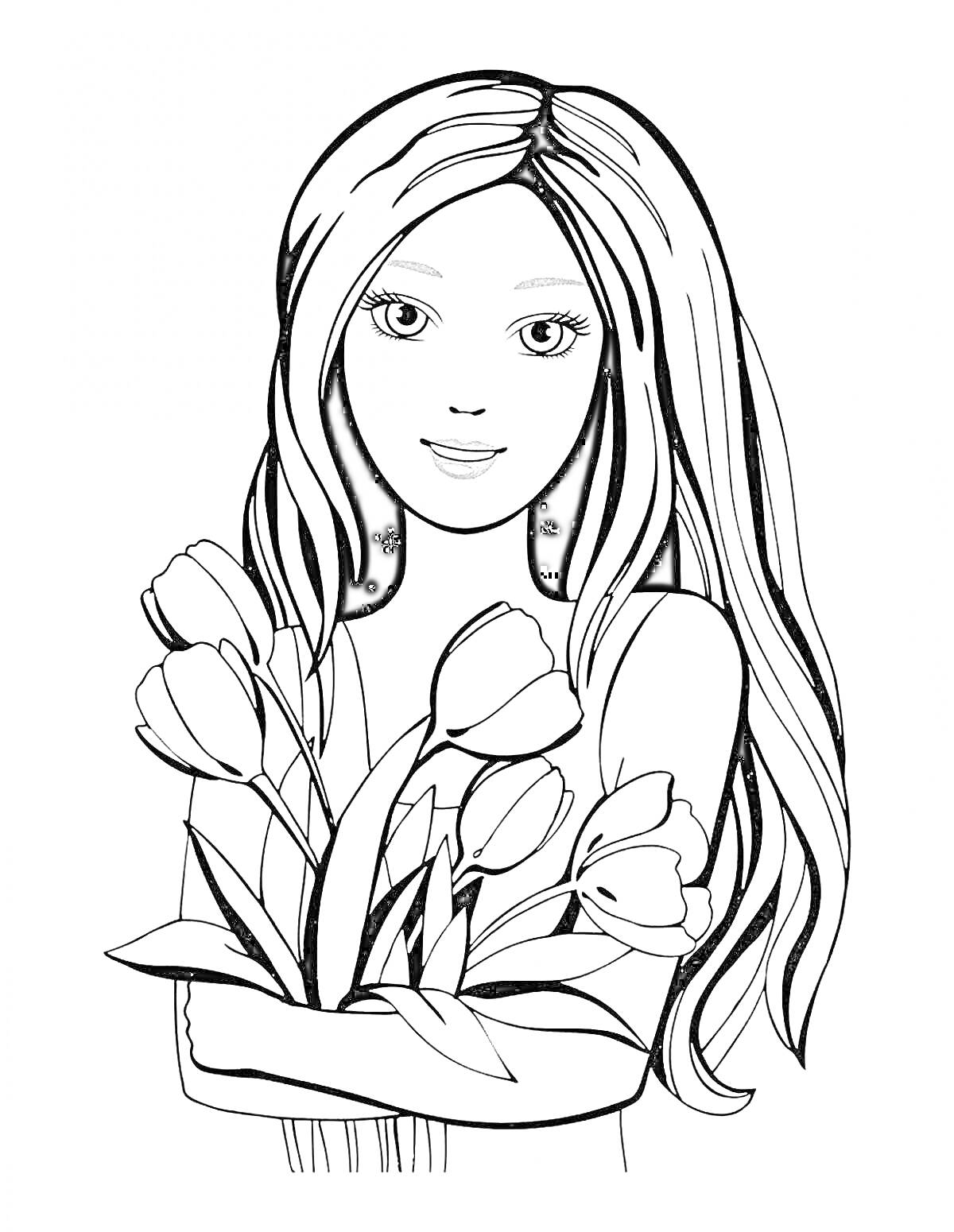 На раскраске изображено: Женщина, Длинные волосы, Тюльпаны, Цветы, Линии, Арт, Контурные рисунки