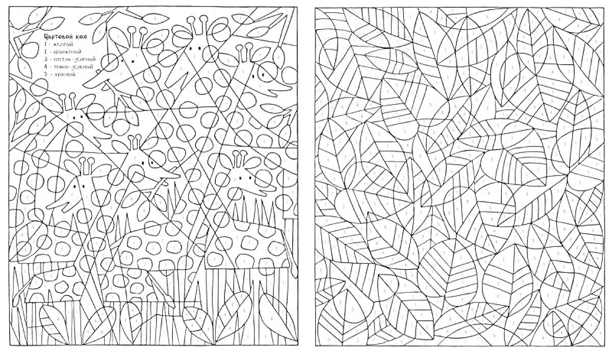 На раскраске изображено: Жирафы, Деревья, Листья, По номерам, Природа, Животные, Ботаника