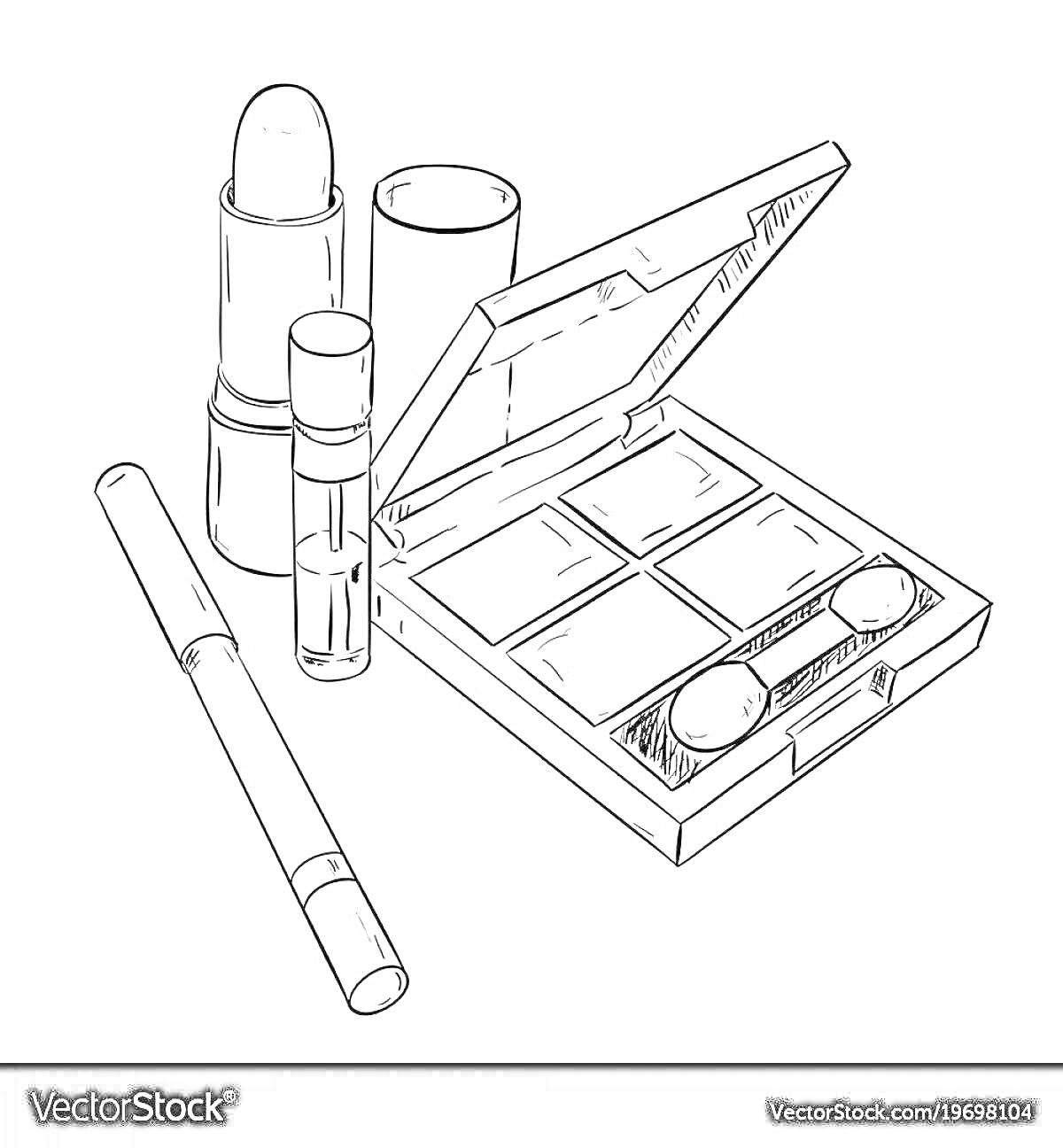На раскраске изображено: Косметика, Макияж, Помада, Блеск для губ, Палетка теней, Карандаш для глаз, Женственность