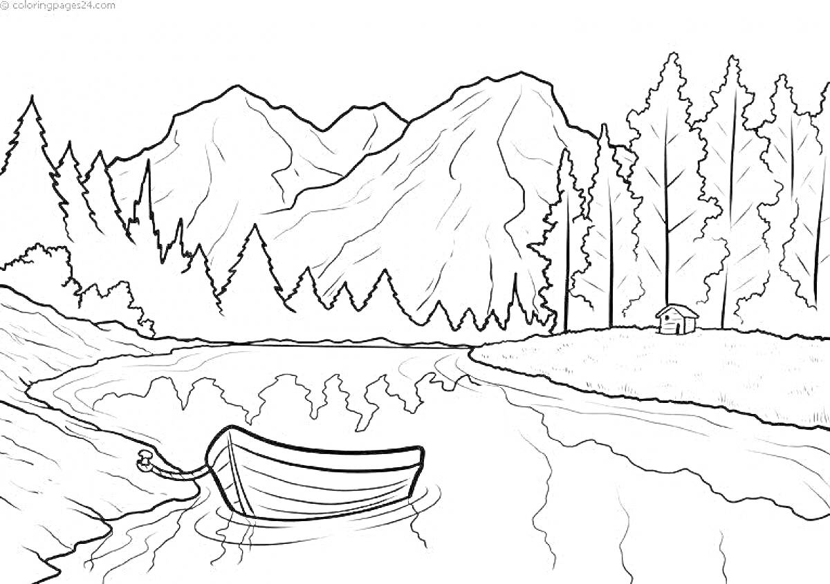 Раскраска Озеро с лодкой на фоне гор и леса. На переднем плане изображена лодка, плавающая на воде. В средней части: берег, густо поросший деревьями. Вдали видны высокие горы и небольшой домик.