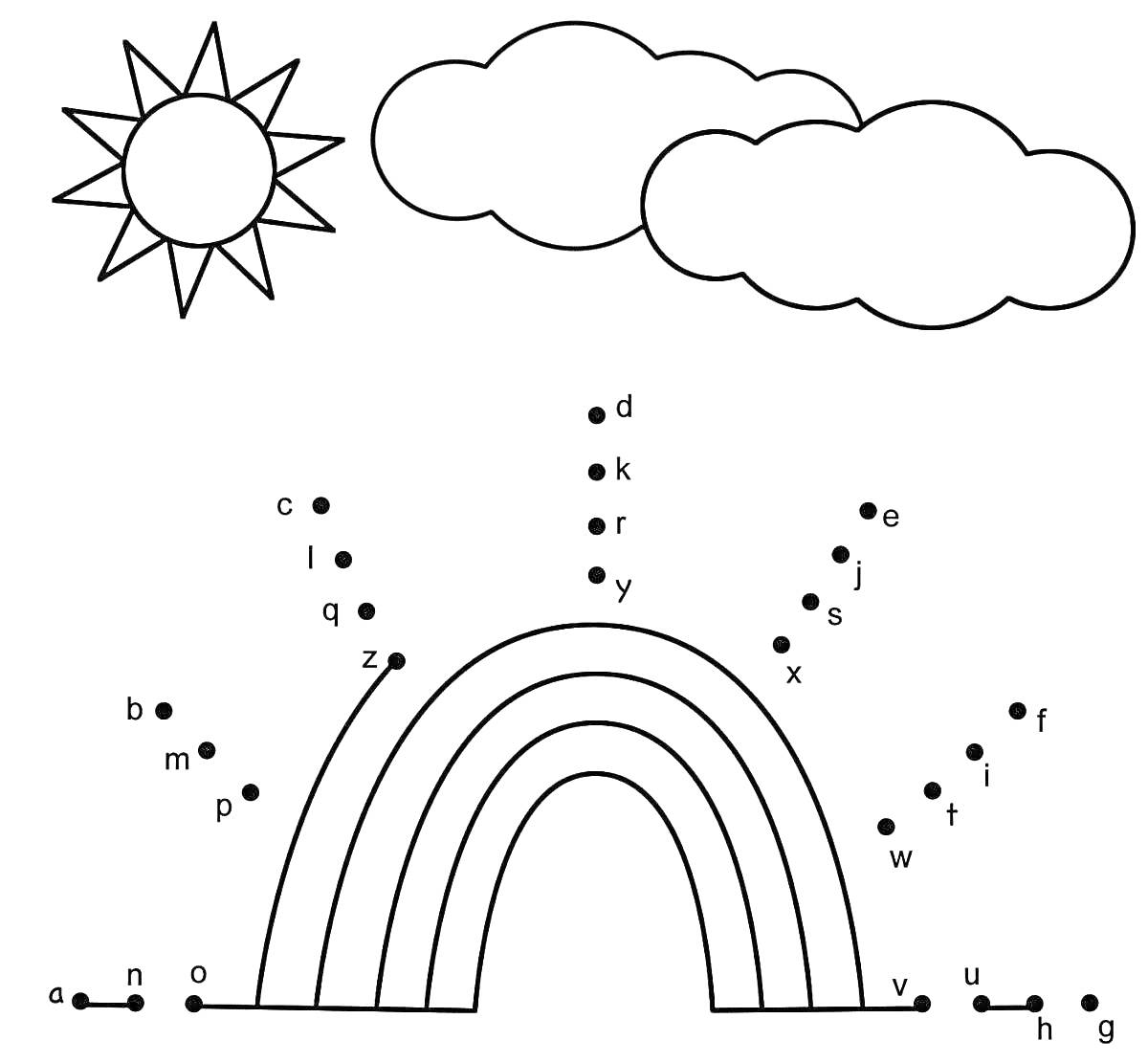 На раскраске изображено: Солнце, Облака, Соединение, Алфавит, Буквы, Учеба