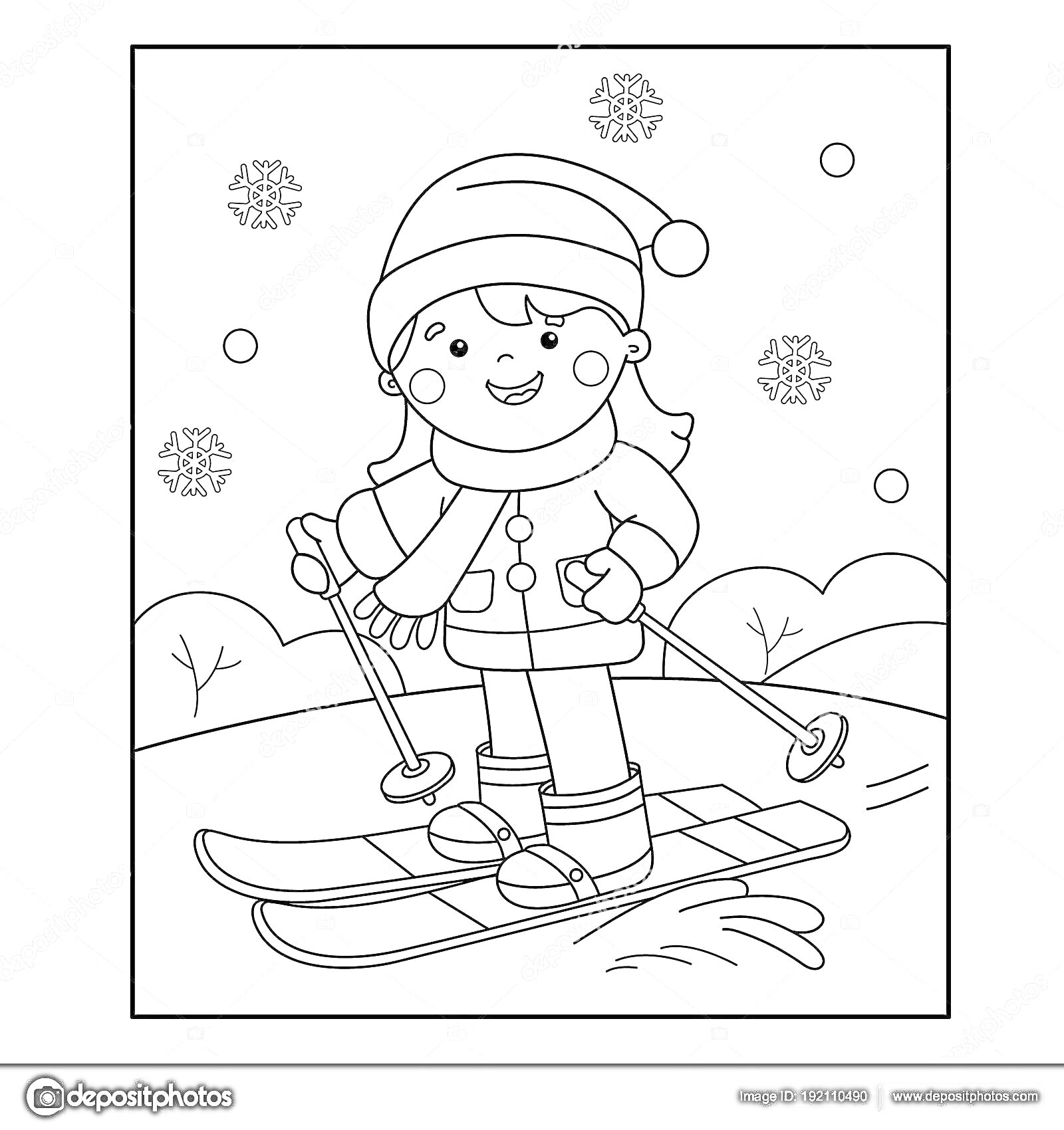 На раскраске изображено: Лыжник, Зима, Снег, Лыжи, Зимняя одежда, Шапка, Палки, Ребенок, Снегопад, Снежинки