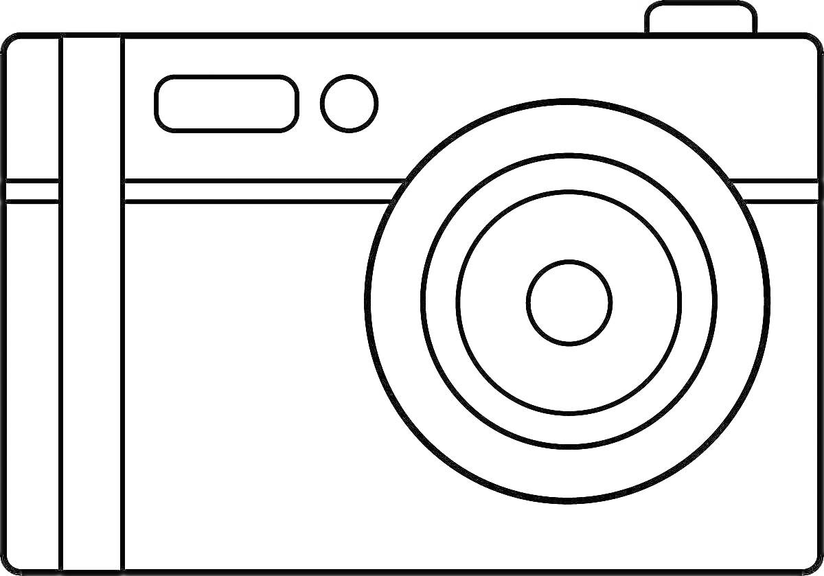 Раскраска Фотоаппарат с крупным объективом, кнопкой и видоискателем
