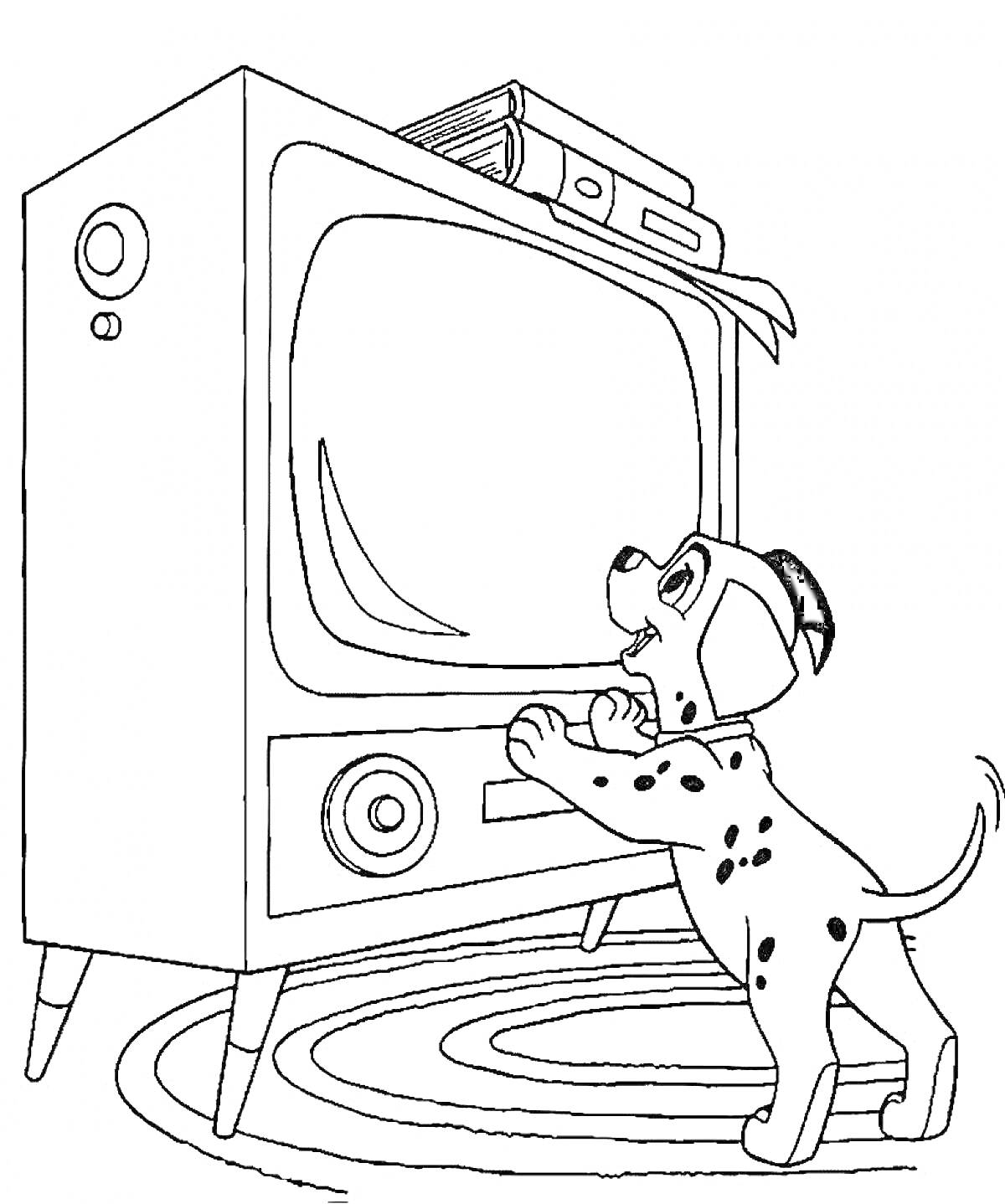 Раскраска Телевизор с книгами сверху и щенком, смотрящим на экран