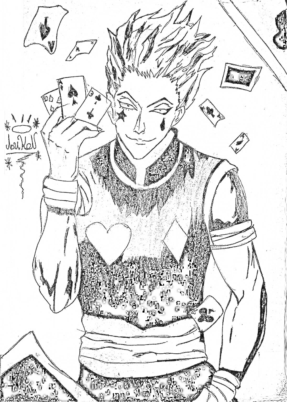 Раскраска Хисока с картами, героиня с сердцем и ромбом на одежде, волосы торчком, карты с мастями, надпись слева