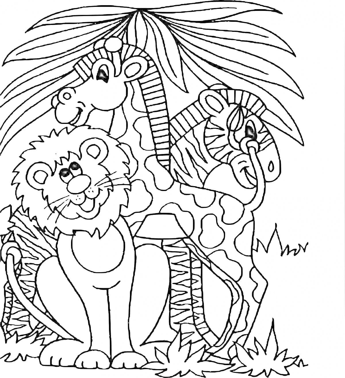На раскраске изображено: Лев, Животные, Саванна, Растения, Джунгли