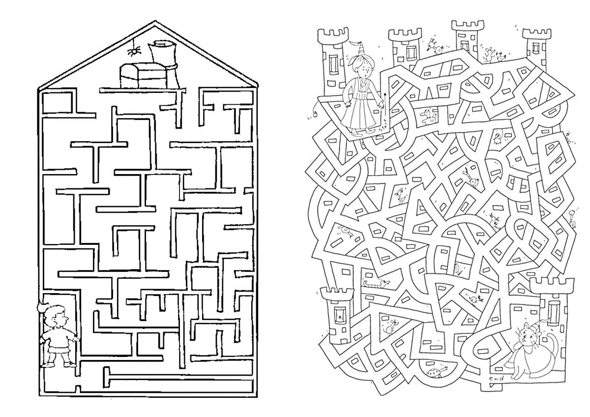 Раскраска Лабиринт в доме с поездом и лабиринт в замке с рыцарями