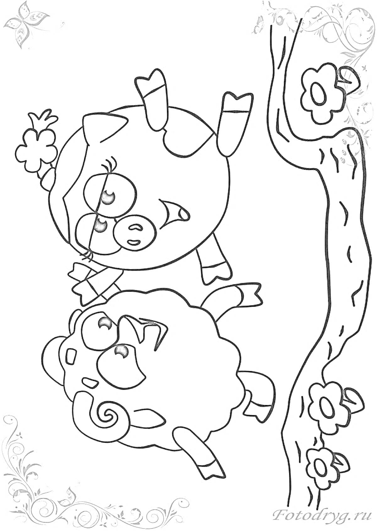 Раскраска Свинка и бараш на дереве с цветами