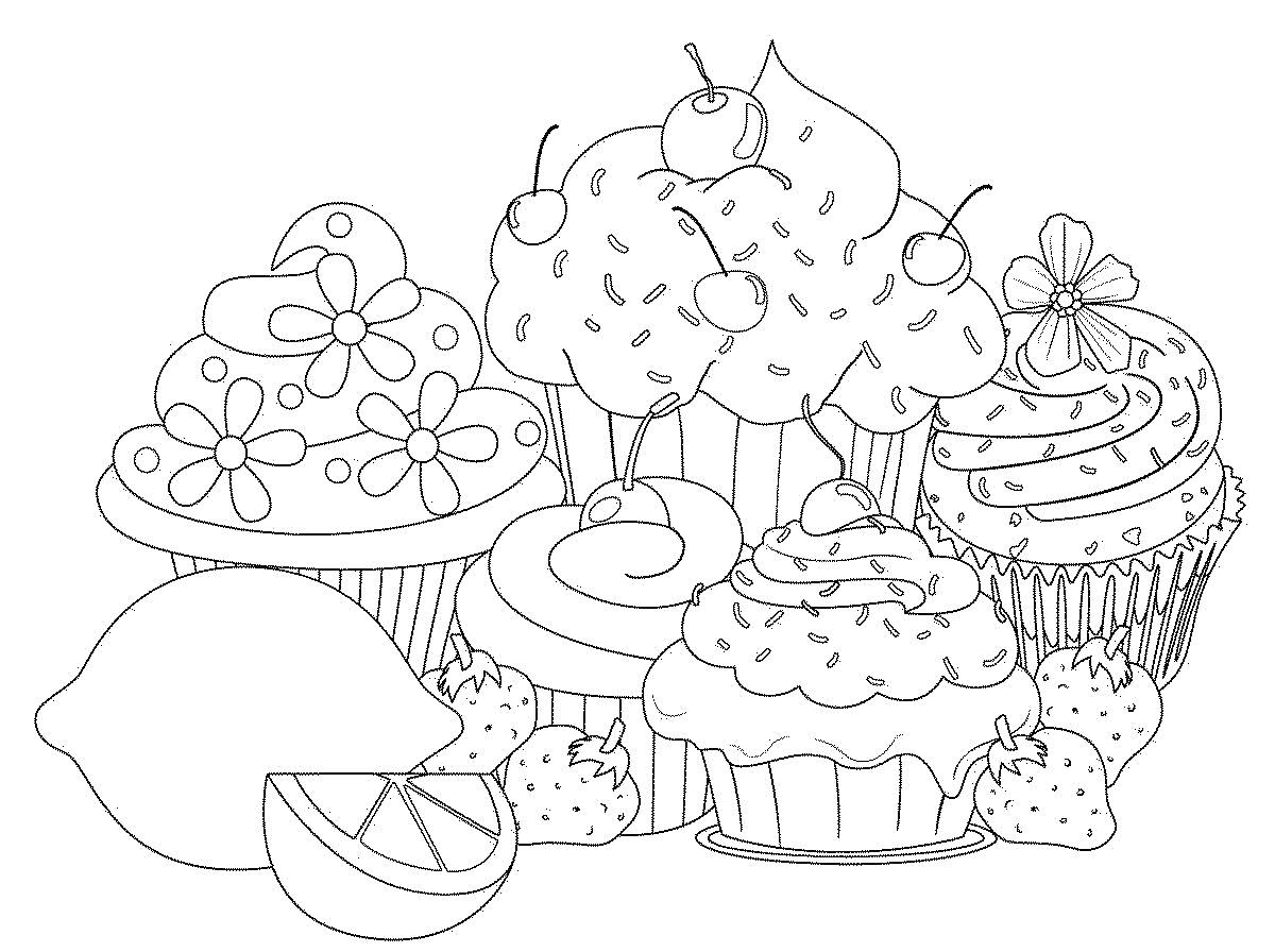 На раскраске изображено: Капкейки, Цветы, Лимон, Клубника, Вишня, Пирожное, Десерты