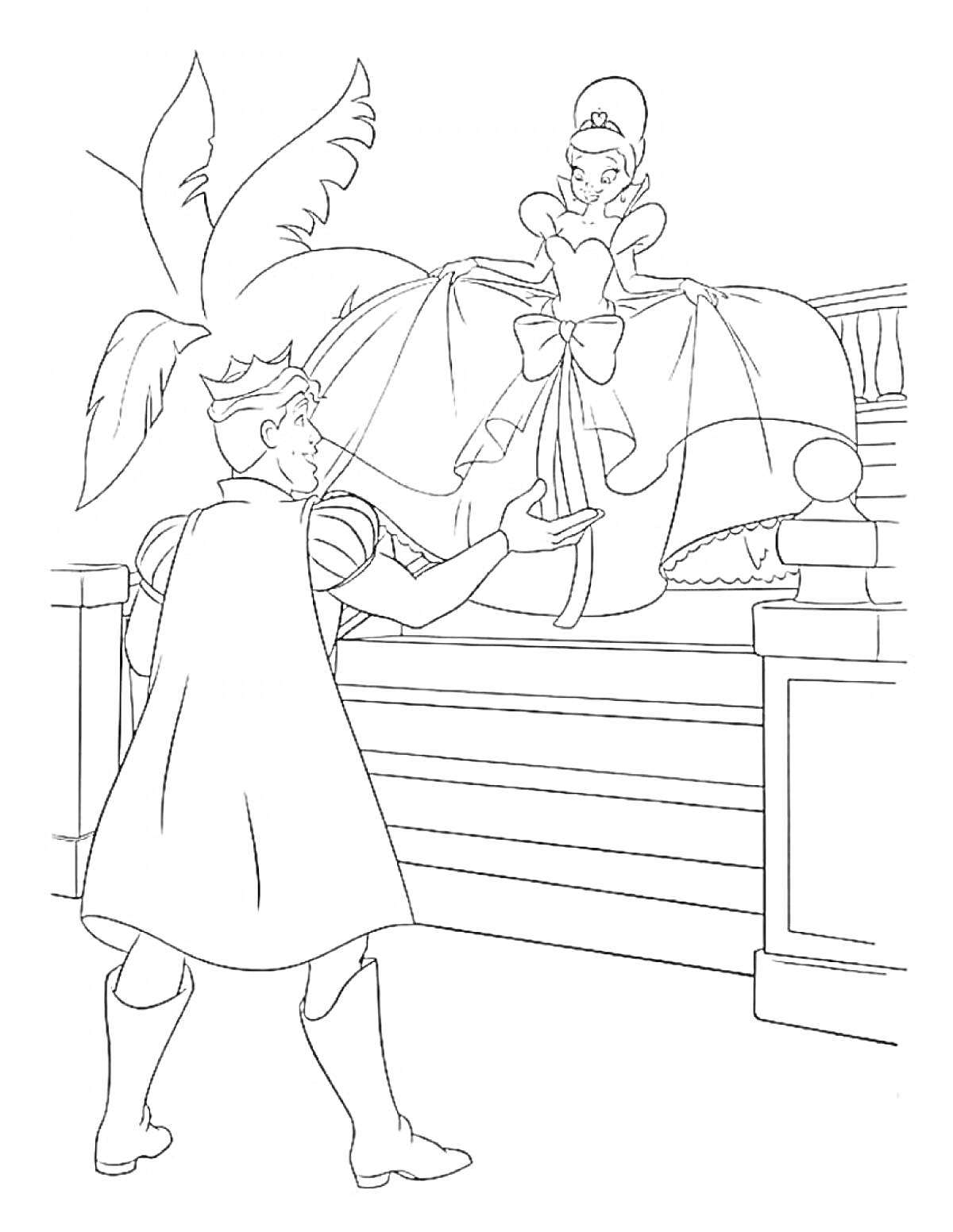 Раскраска Принцесса на балконе и принц в короне предлагает лягушку
