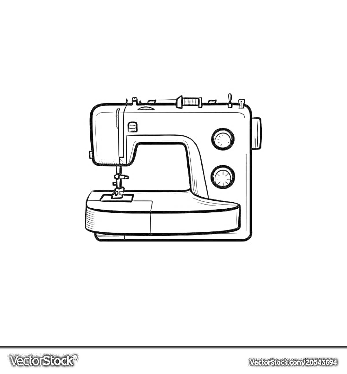 Раскраска Швейная машинка с деталями управления, корпусом и игловодителем