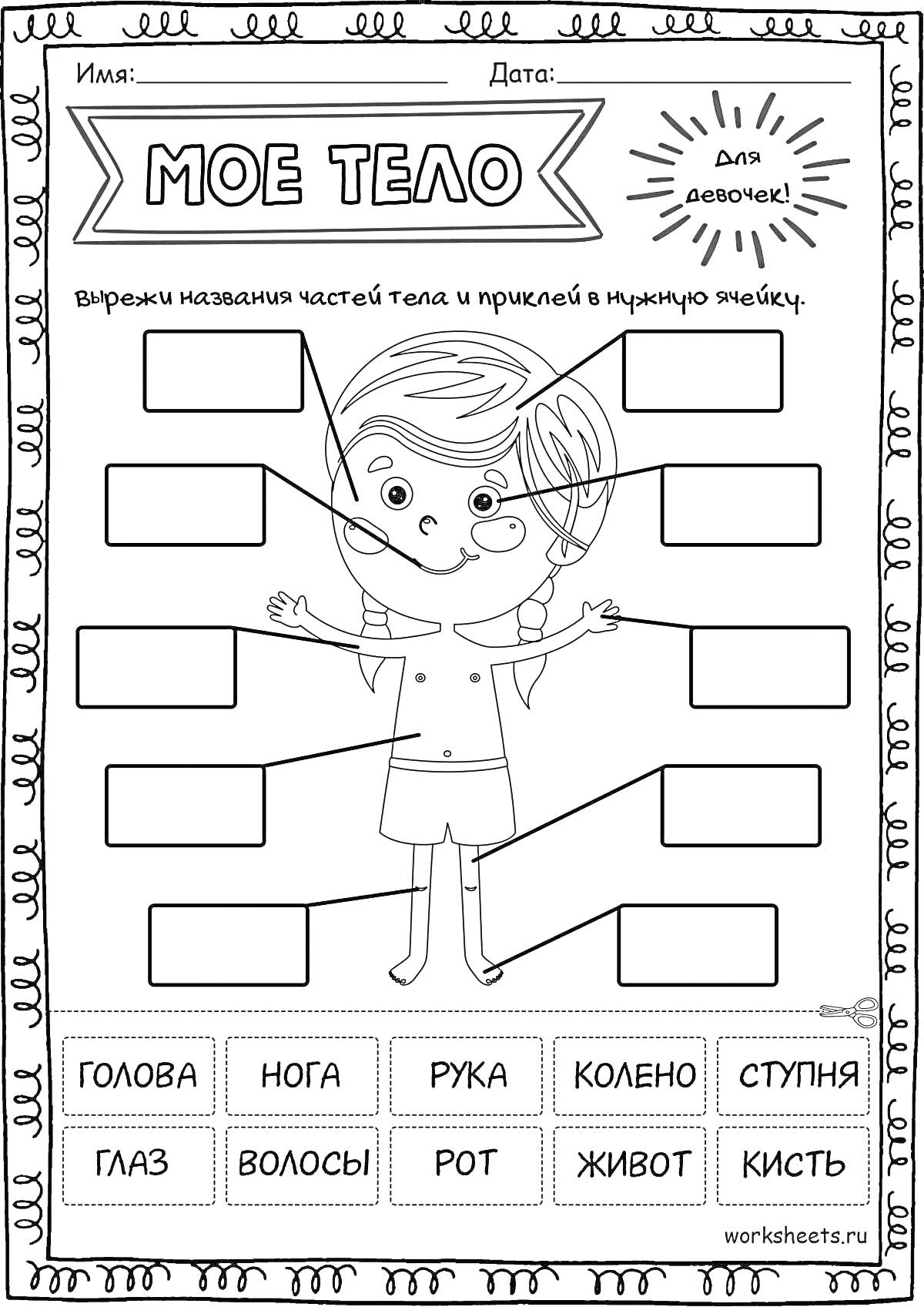 Раскраска Части тела человека: голова, глаз, волосы, рот, рука, кисть, живот, нога, колено, ступня.