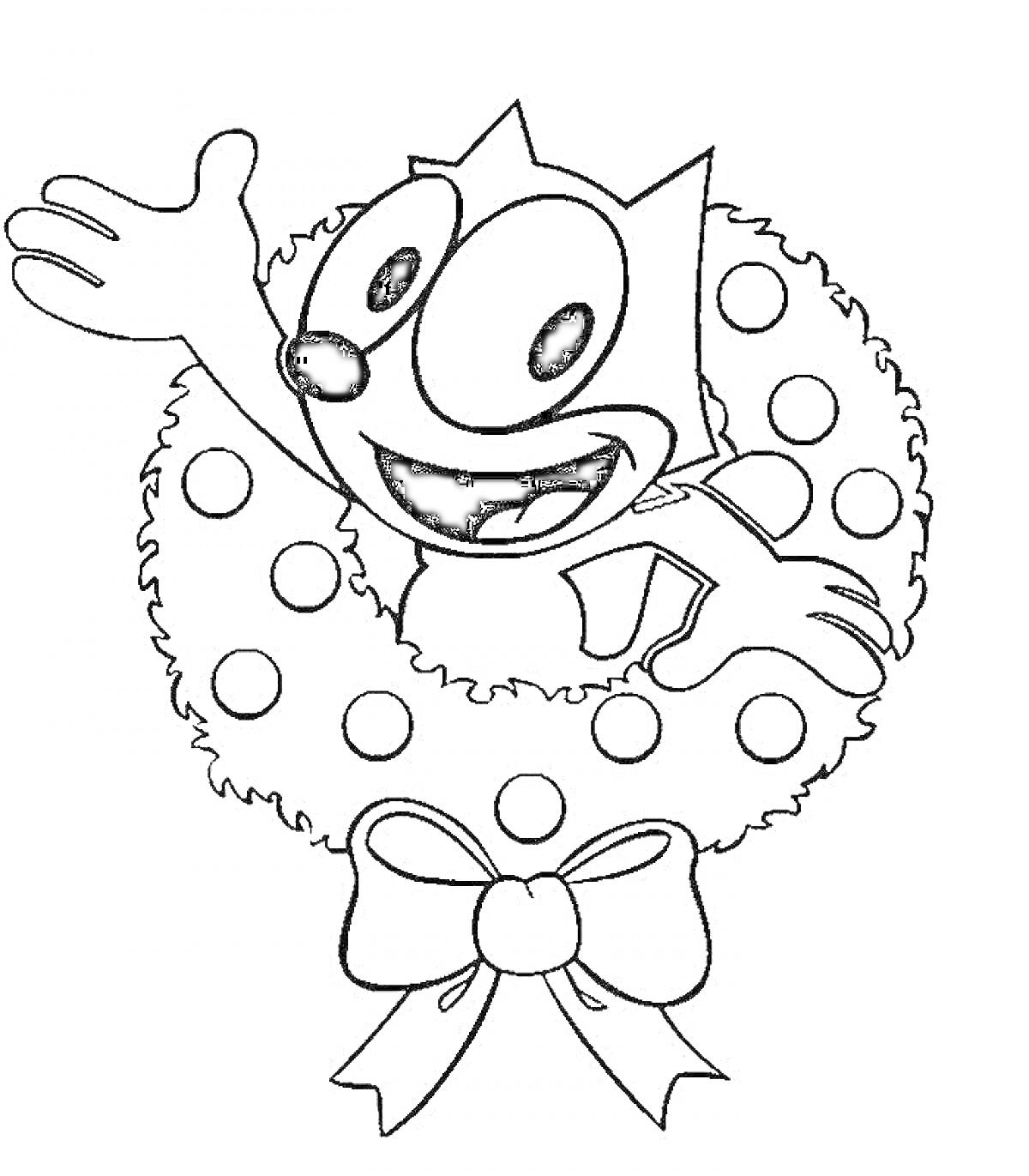 Раскраска Кот, махающий рукой из венка с бантом и кружками