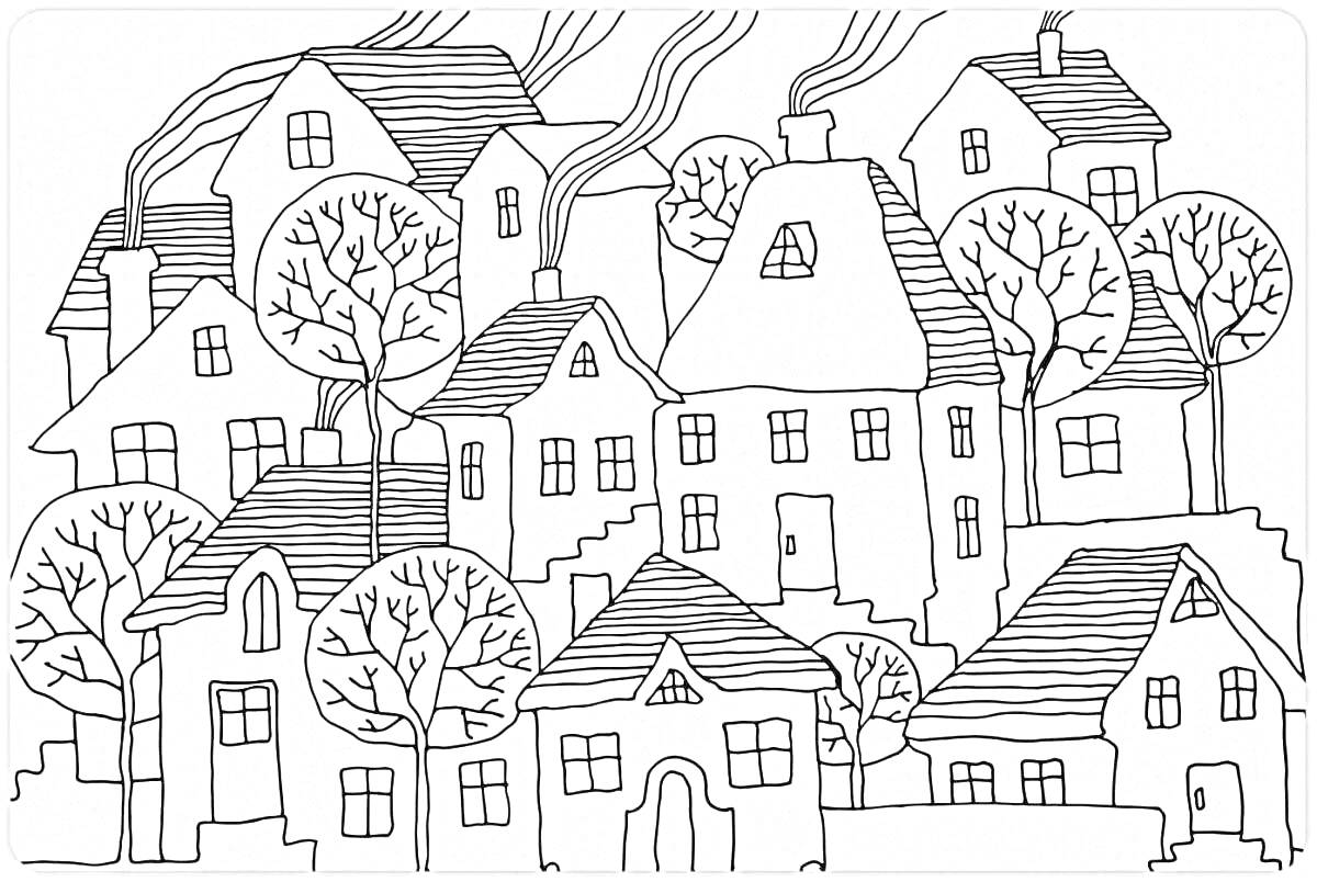 Раскраска Дома с деревьями и дымом из труб в городке