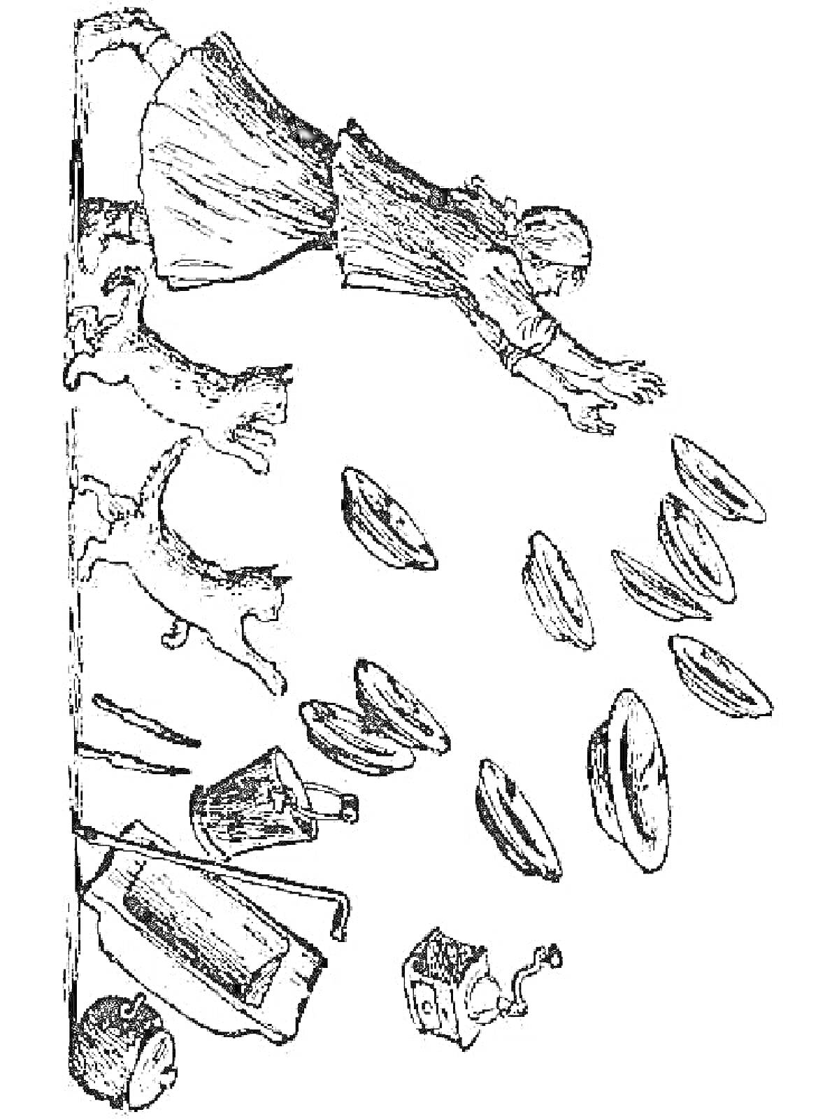 Раскраска Женщина с посудой, двое кошек, мельница, кувшин, таз, и тряпка, все разбегаются