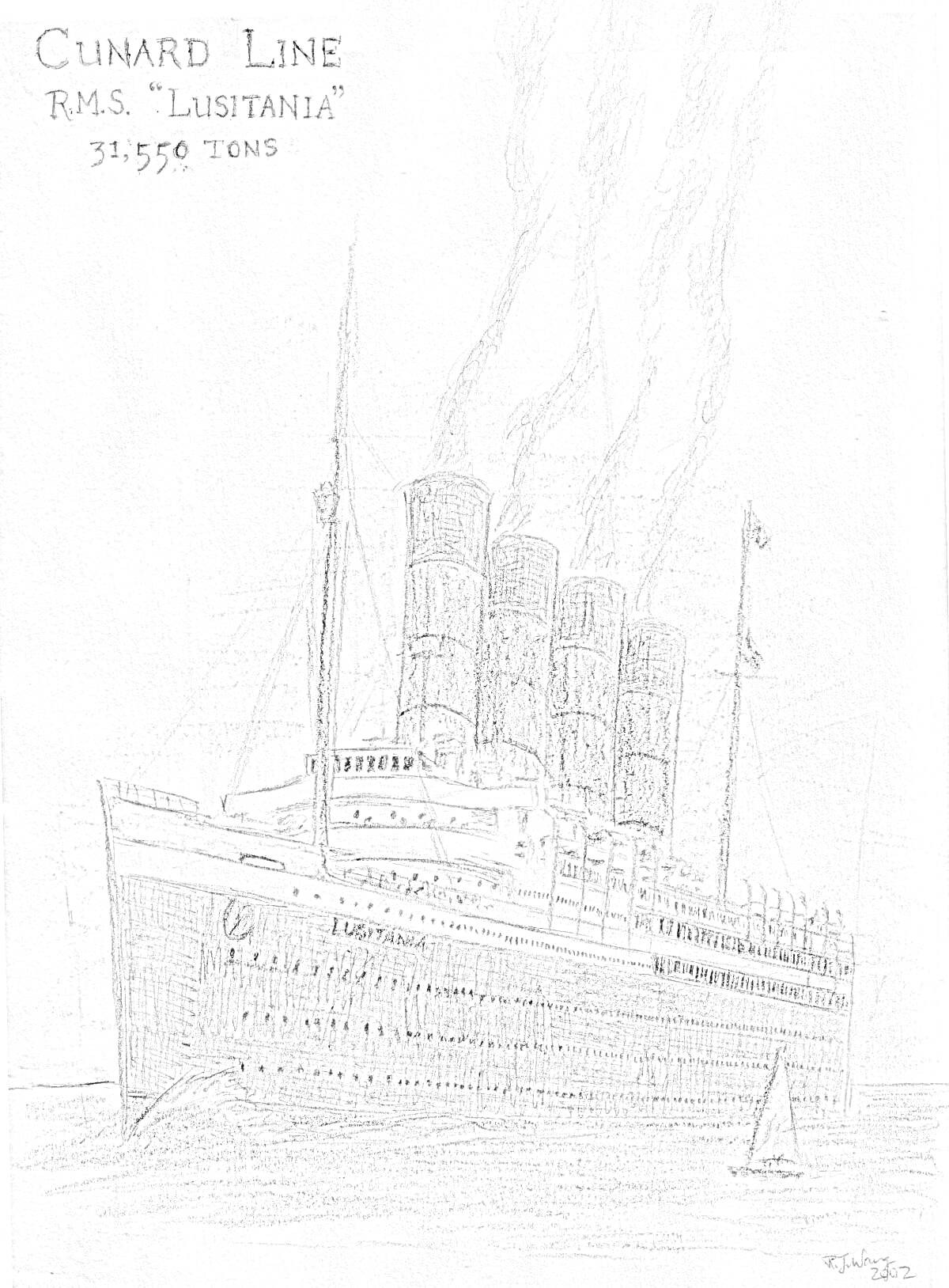 RMS Lusitania от Cunard Line, корабль с четырьмя трубами на воде, примерная грузоподъемность 31,550 тонн