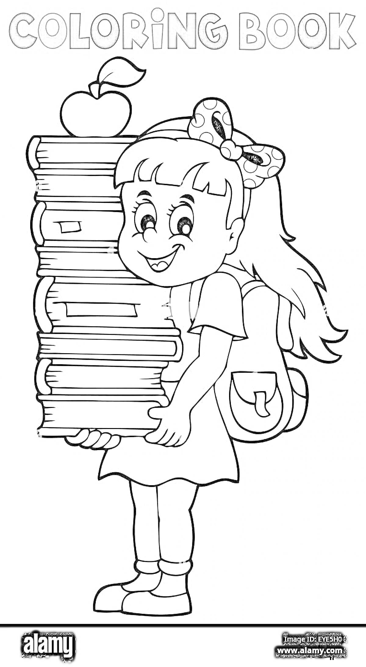 Раскраска девочка с бантом и рюкзаком несет стопку книг с яблоком на фоне надписи 