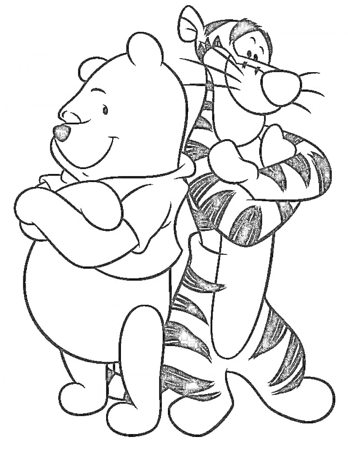 На раскраске изображено: Винни-Пух, Тигруля, Друзья, Медведь, Тигр, Детство, Дружба
