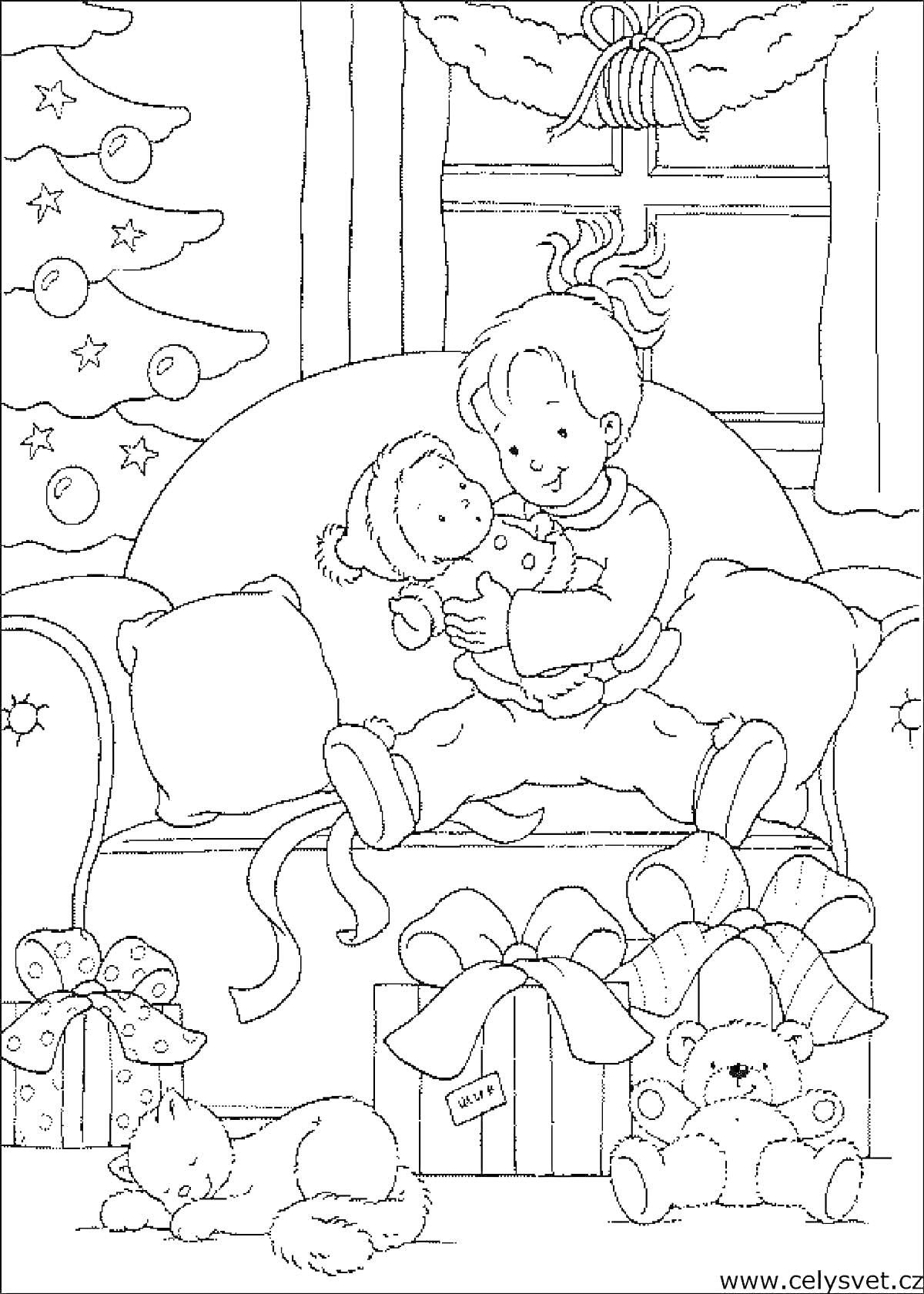 На раскраске изображено: Рождество, Ребенок, Кукла, Диван, Занавески, Игрушки, Подарки, Плюшевый медведь, Праздничная атмосфера