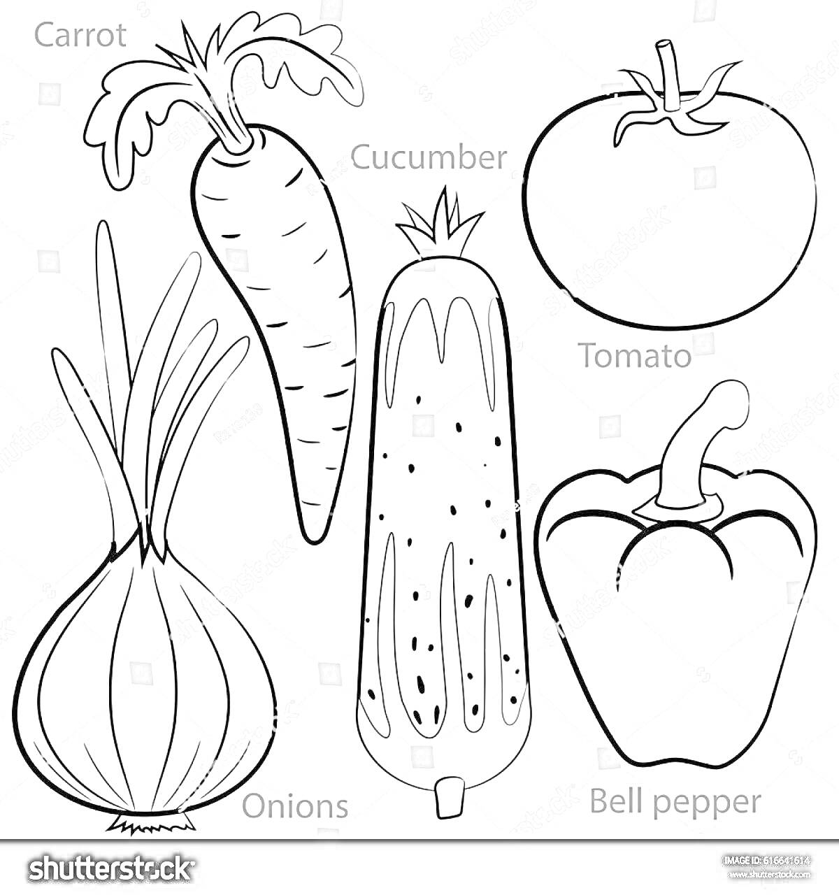 На раскраске изображено: Морковь, Огурец, Помидор, Лук, Болгарский перец, Овощи