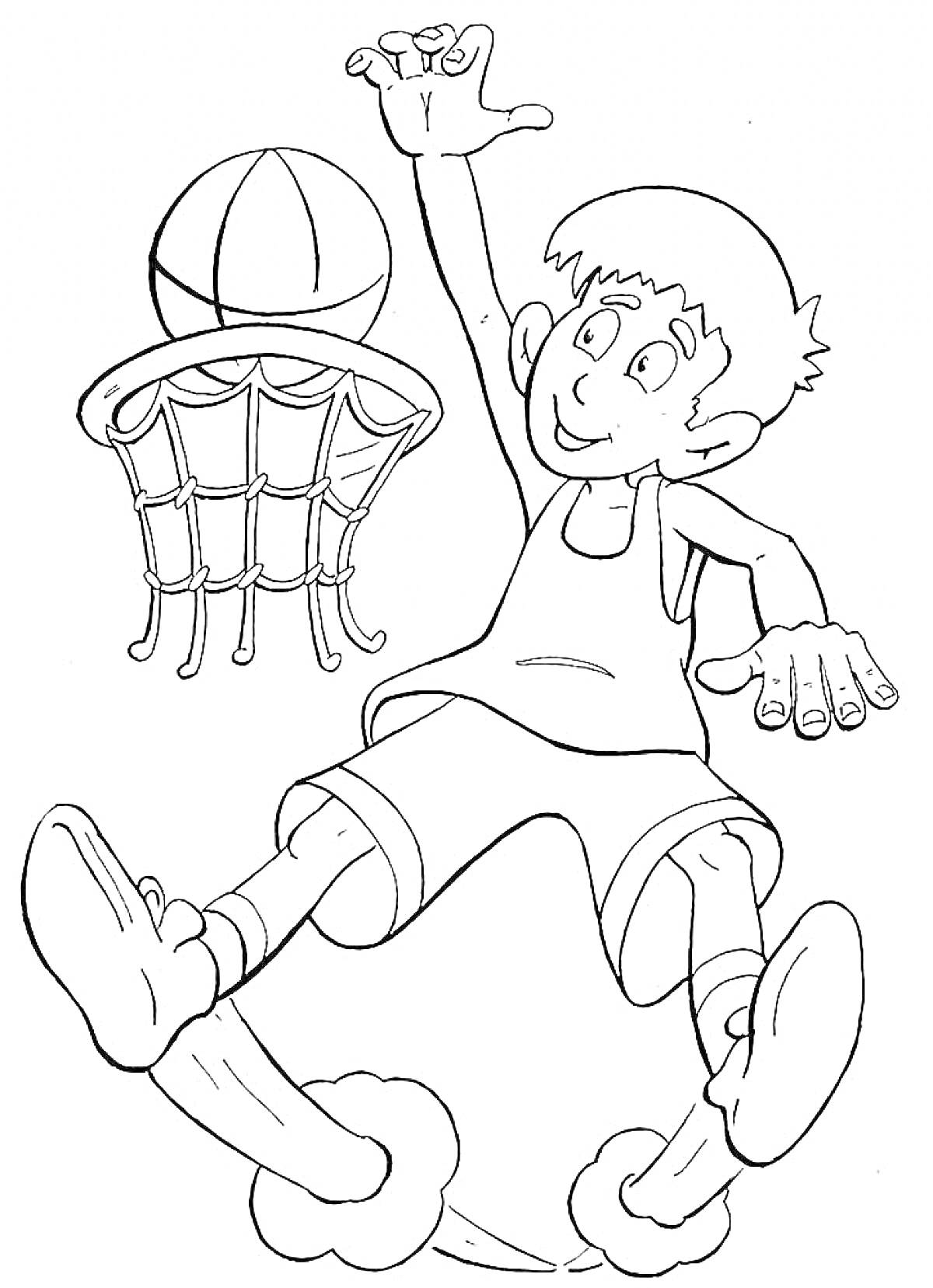 Мальчик, играющий в баскетбол с мячом, корзиной и в спортивной форме