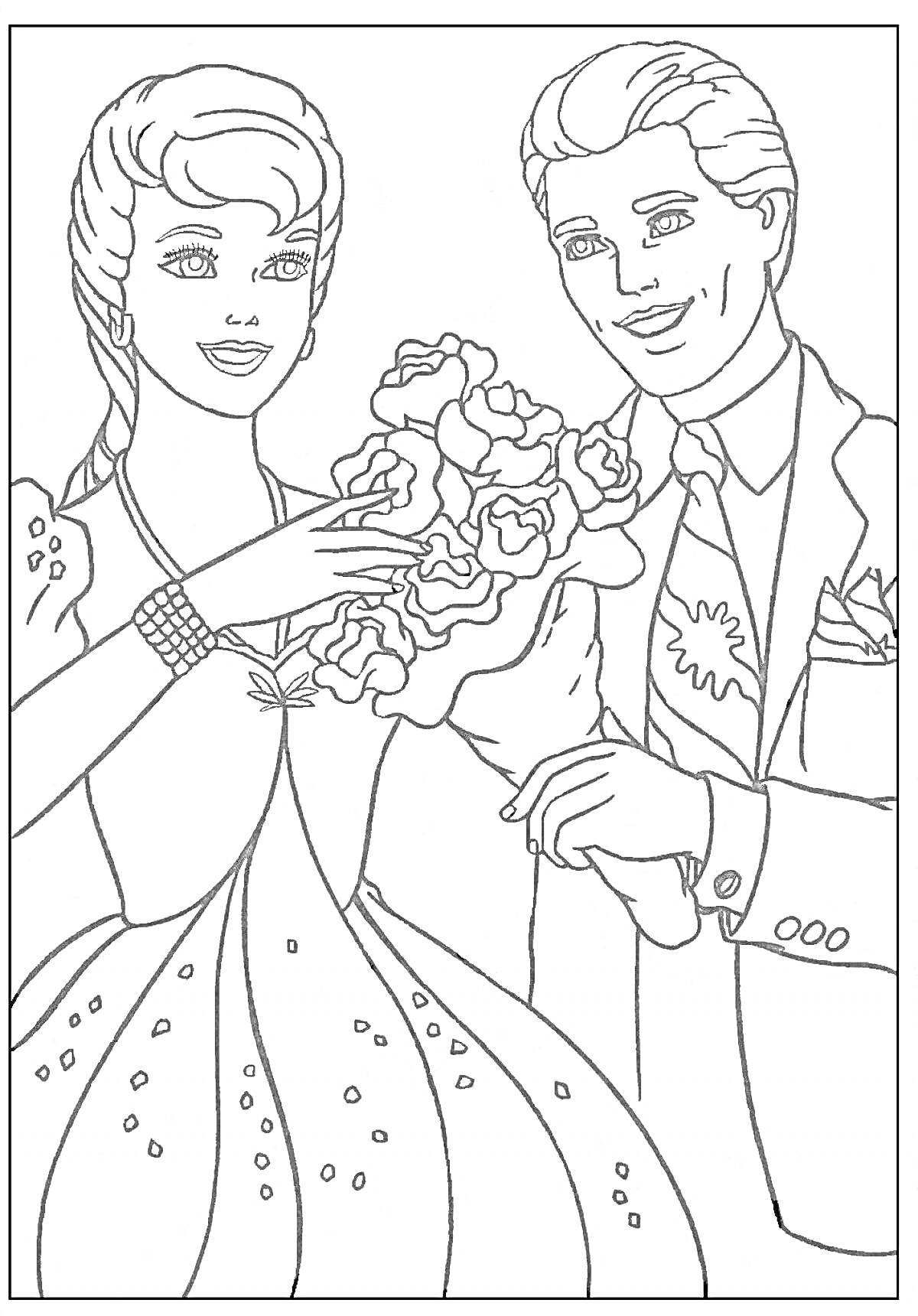 Раскраска Барби и Кен с букетом цветов